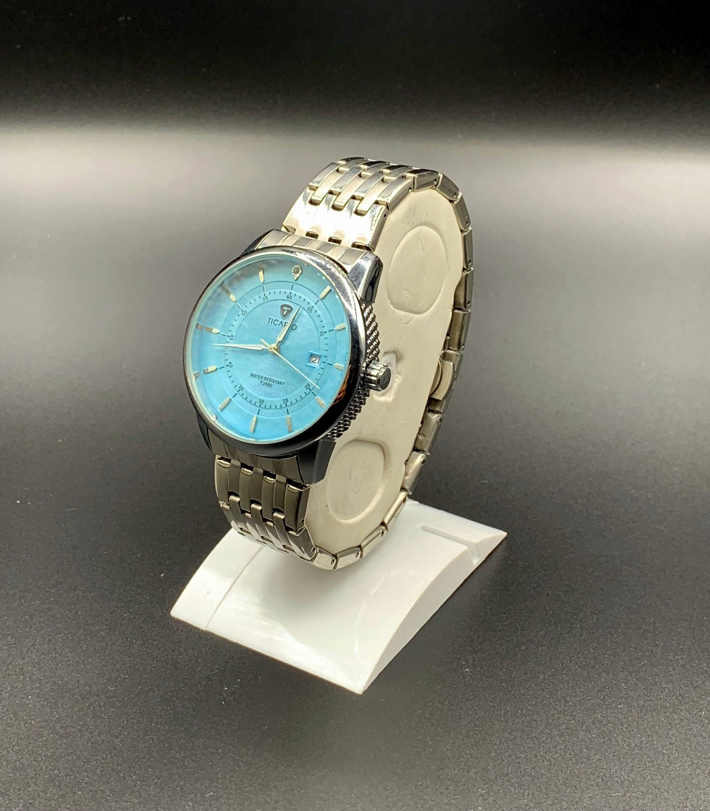 TICAO Men's Stainless Steel Watch with Light Blue Dial and Date Display