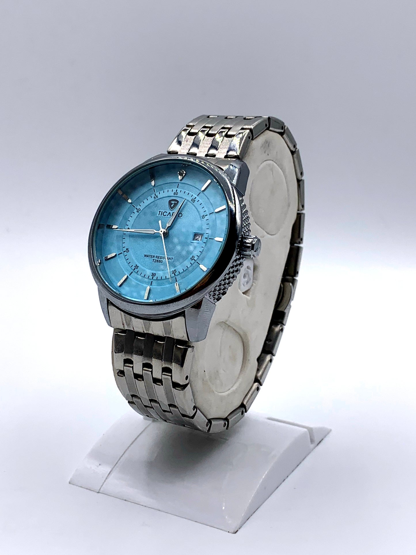 TICAO Men's Stainless Steel Watch with Light Blue Dial and Date Display