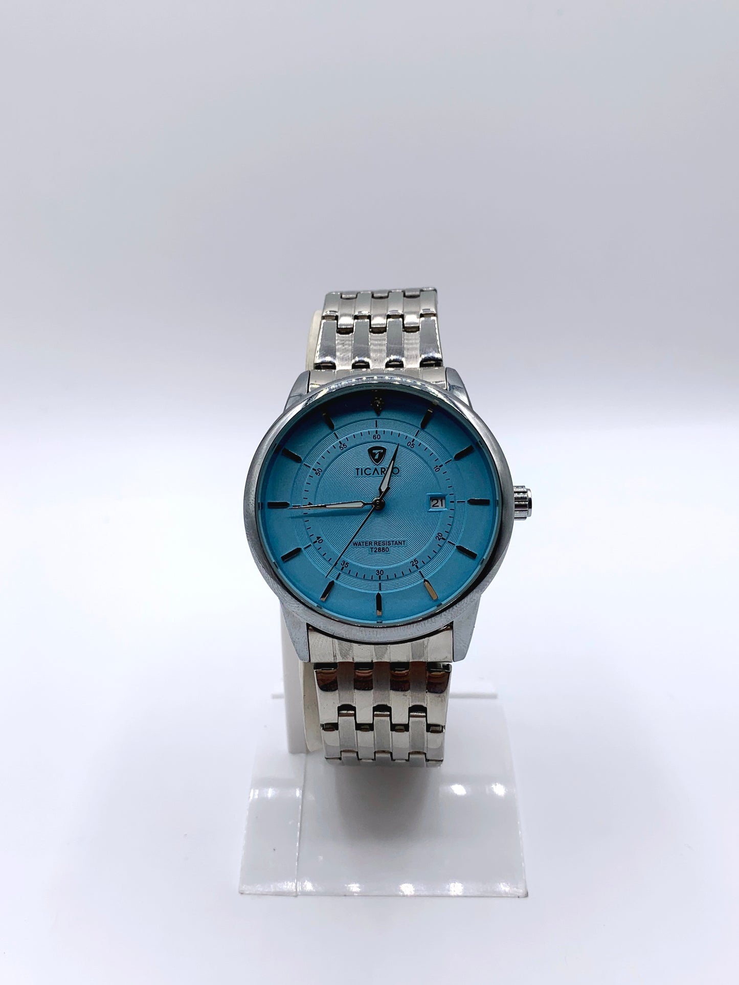 TICAO Men's Stainless Steel Watch with Light Blue Dial and Date Display