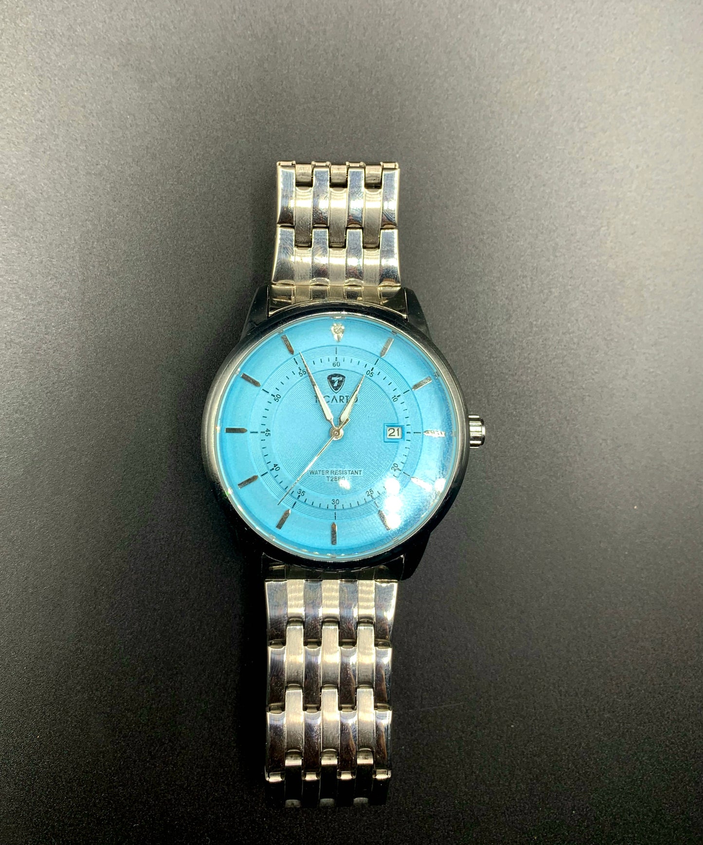 TICAO Men's Stainless Steel Watch with Light Blue Dial and Date Display
