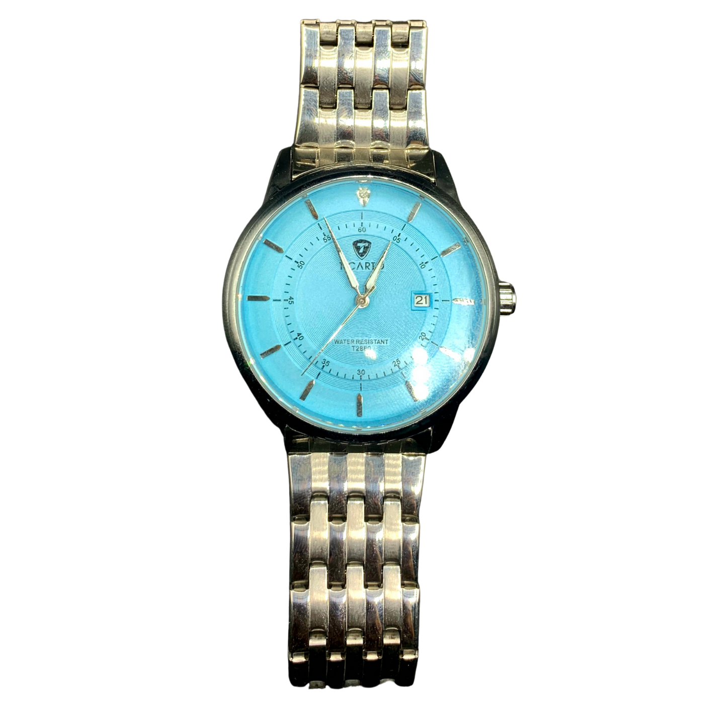 TICAO Men's Stainless Steel Watch with Light Blue Dial and Date Display