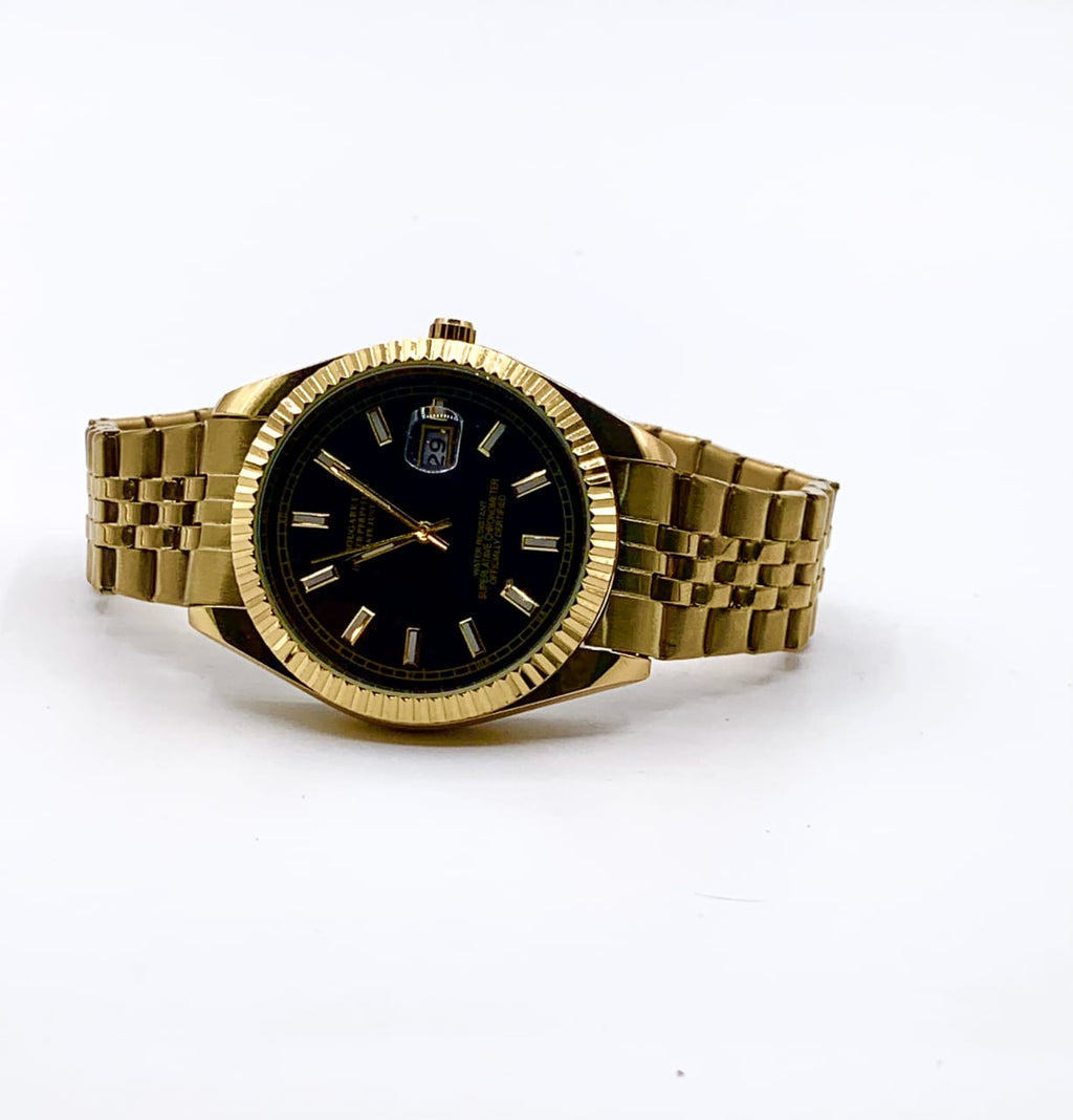 Men's Classic Gold-Tone Watch with Gloss Black Dial | Fluted Bezel & Jubilee Bracelet | Date Window | Elegant Dress Timepiece