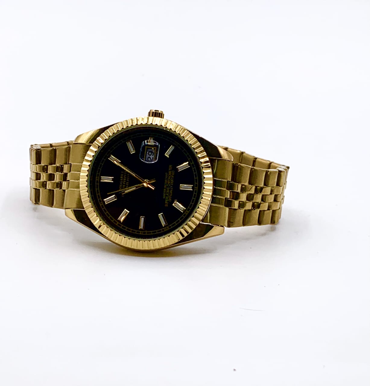 Men's Classic Gold-Tone Watch with Gloss Black Dial | Fluted Bezel & Jubilee Bracelet | Date Window | Elegant Dress Timepiece