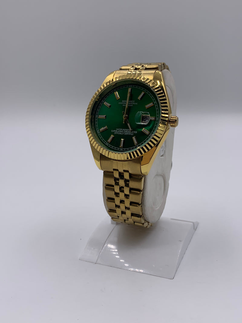 Men's Classic Gold-Tone Watch with Emerald Green Dial | Fluted Bezel & Jubilee Bracelet | Date Window | Luxury Dress Timepiece