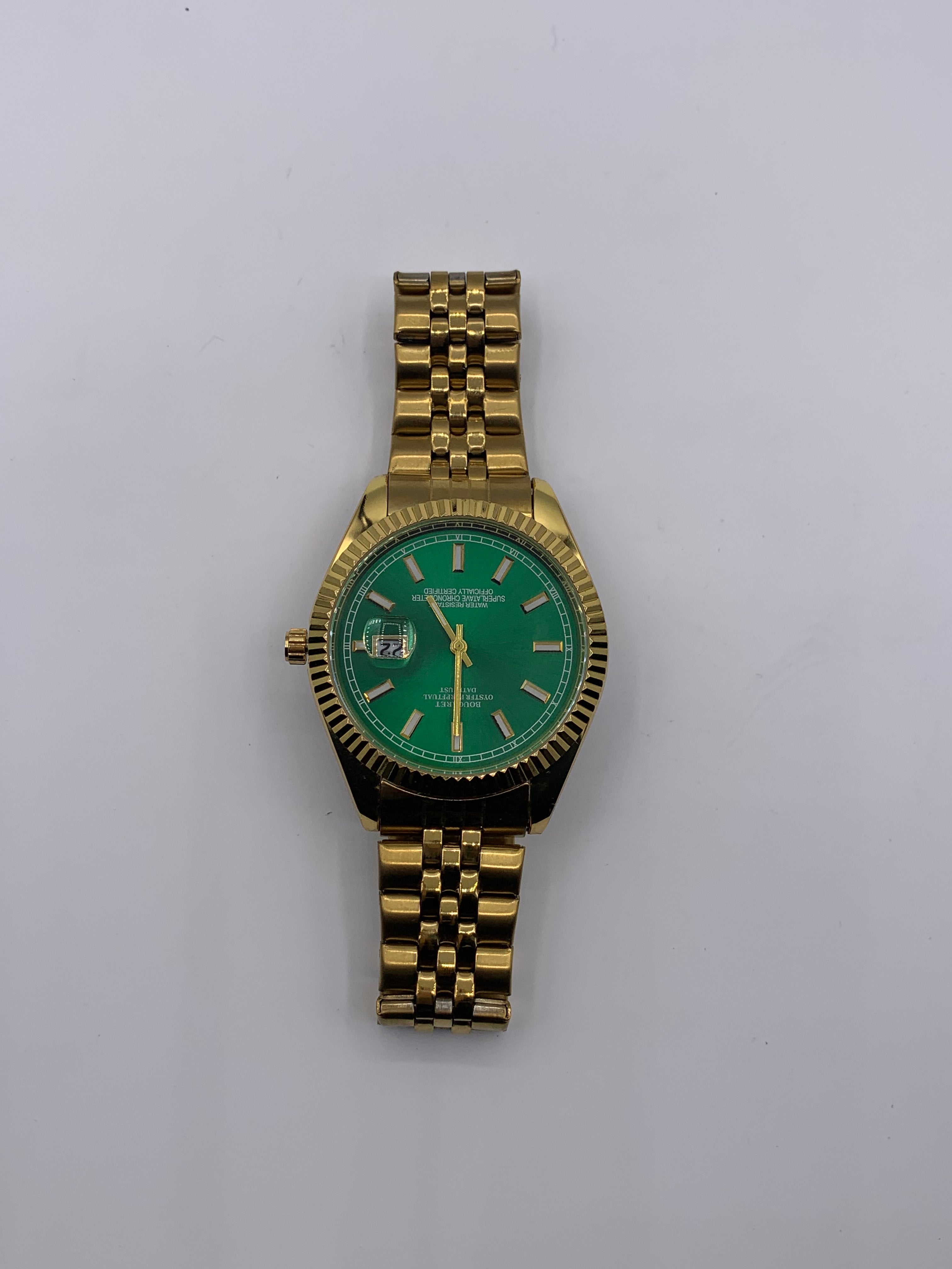 Men's Classic Gold-Tone Watch with Emerald Green Dial | Fluted Bezel & Jubilee Bracelet | Date Window | Luxury Dress Timepiece