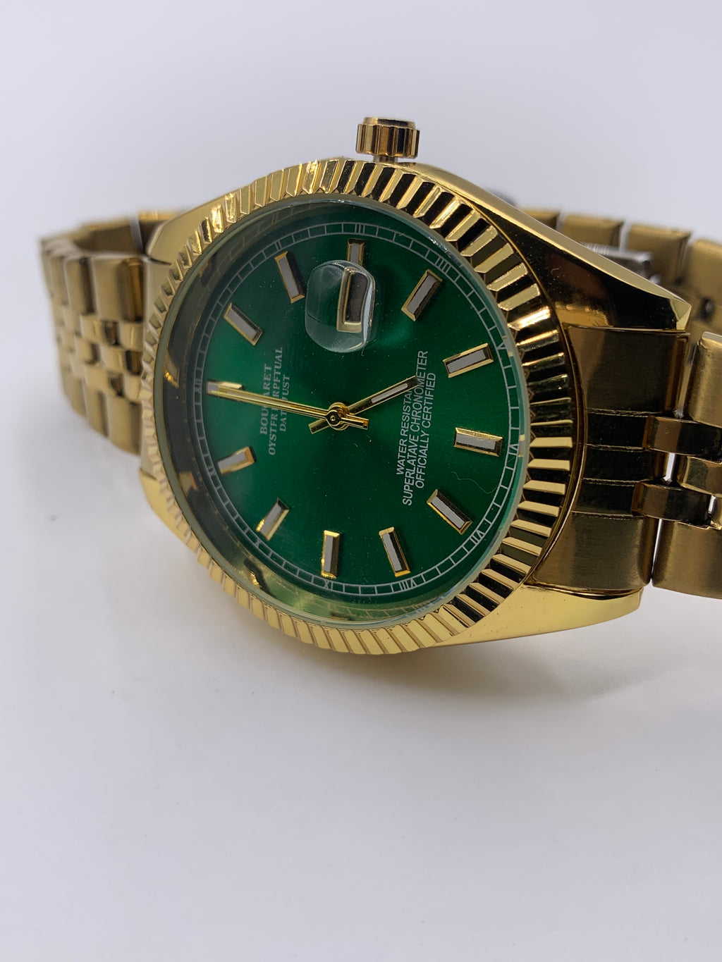 Men's Classic Gold-Tone Watch with Emerald Green Dial | Fluted Bezel & Jubilee Bracelet | Date Window | Luxury Dress Timepiece
