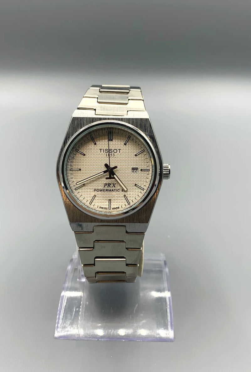 Men's Silver Tone Integrated Sport Watch | Cream/Off-White Waffle Dial | Tissot PRX Style Flushed Case | Steel Bracelet