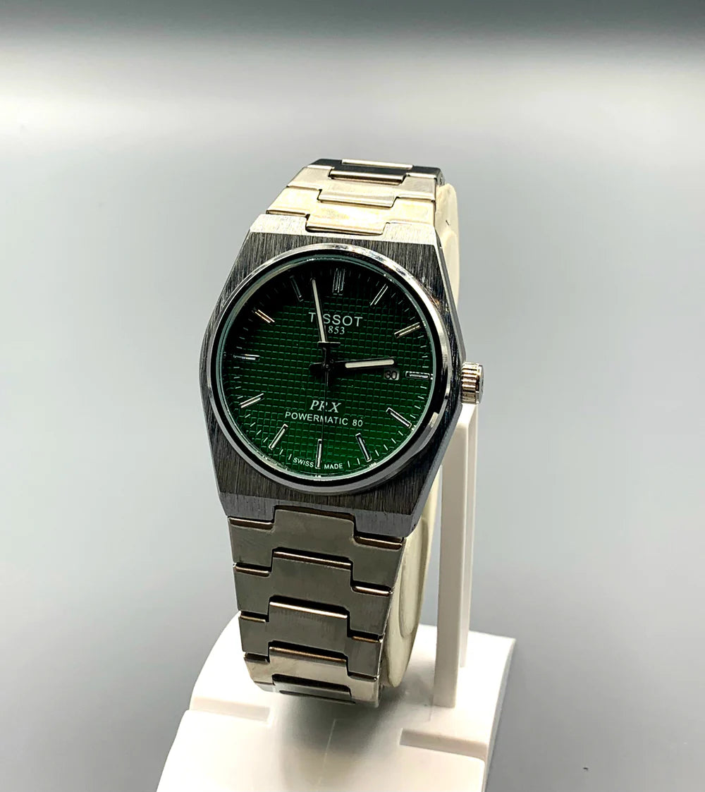 Men's Silver Tone Integrated Sport Watch | Dark Green Waffle Dial | Tissot PRX Style Flushed Case | Steel Bracelet