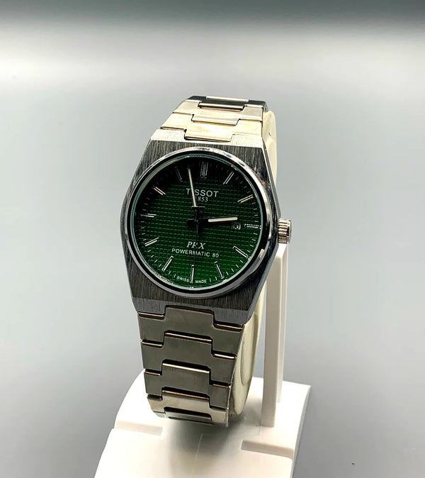 Men's Silver Tone Integrated Sport Watch | Dark Green Waffle Dial | Tissot PRX Style Flushed Case | Steel Bracelet