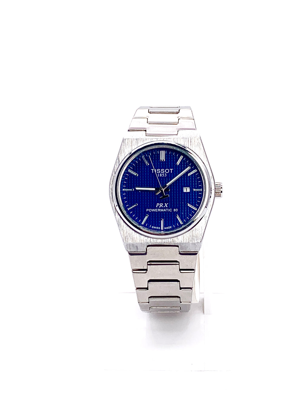 Men's Silver Tone Integrated Sport Watch | Deep Blue Waffle Dial | Tissot PRX Style Flushed Case | Steel Bracelet
