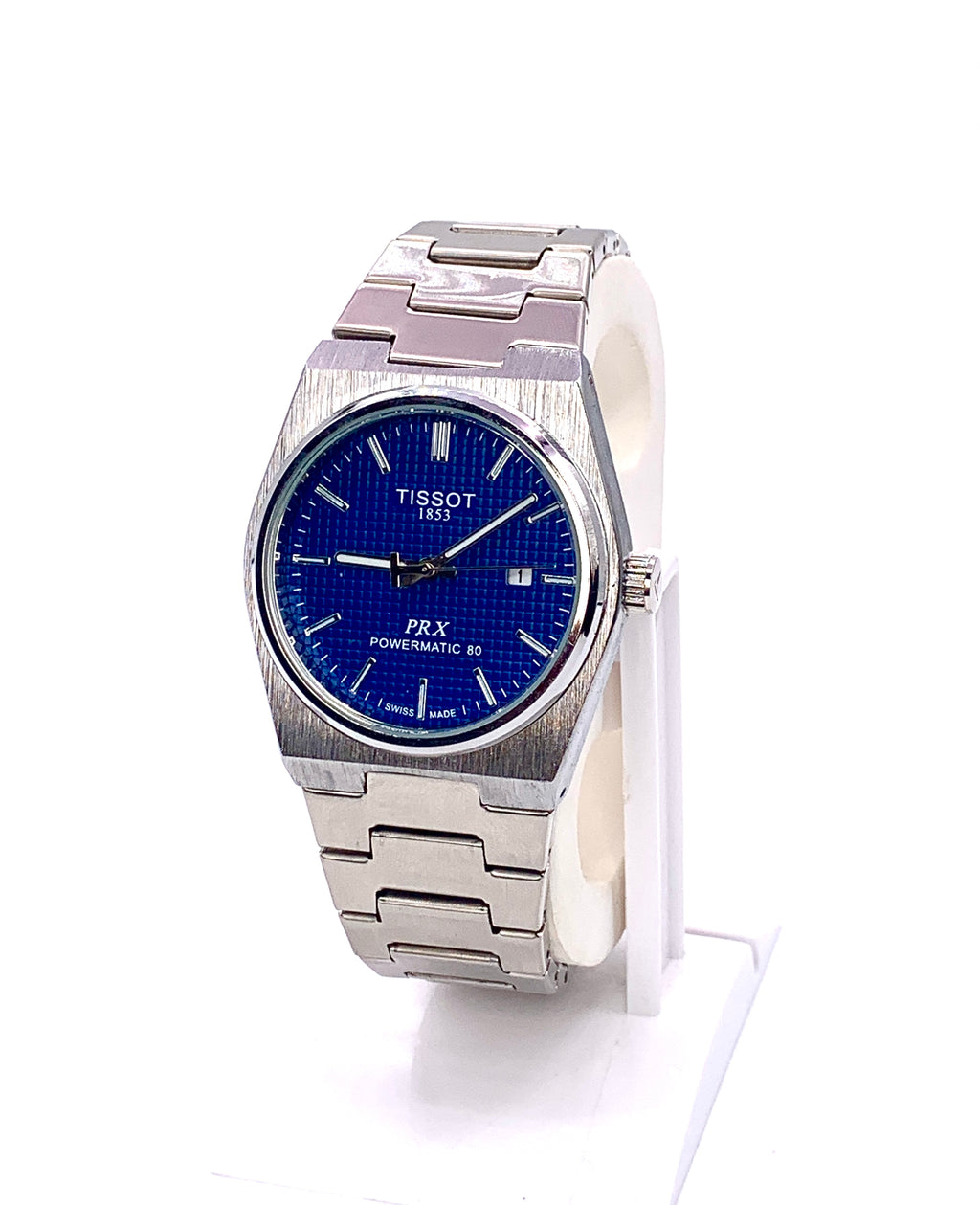 Men's Silver Tone Integrated Sport Watch | Deep Blue Waffle Dial | Tissot PRX Style Flushed Case | Steel Bracelet