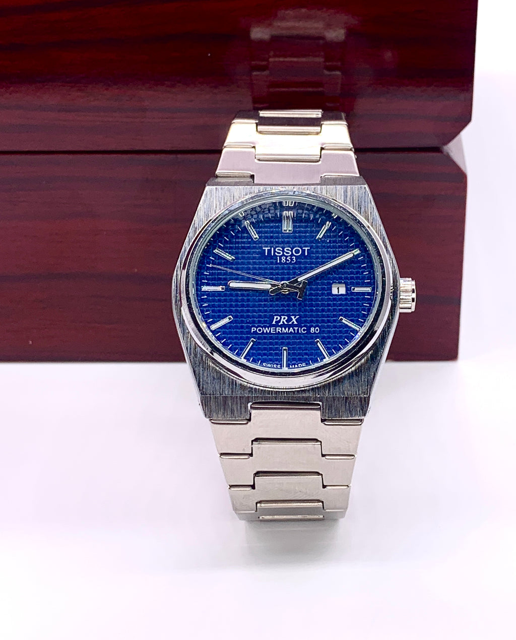 Men's Silver Tone Integrated Sport Watch | Deep Blue Waffle Dial | Tissot PRX Style Flushed Case | Steel Bracelet