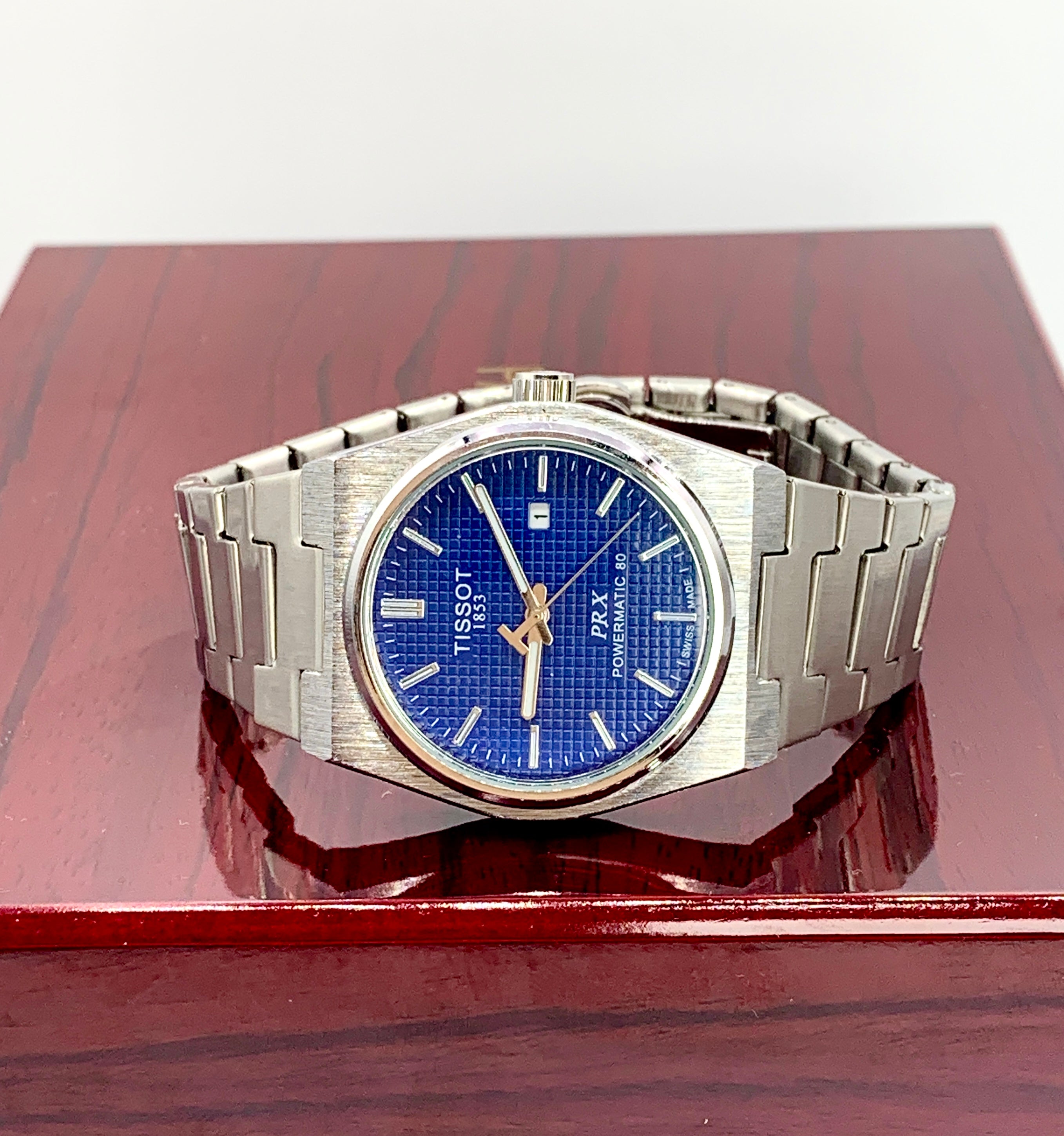 Men's Silver Tone Integrated Sport Watch | Deep Blue Waffle Dial | Tissot PRX Style Flushed Case | Steel Bracelet