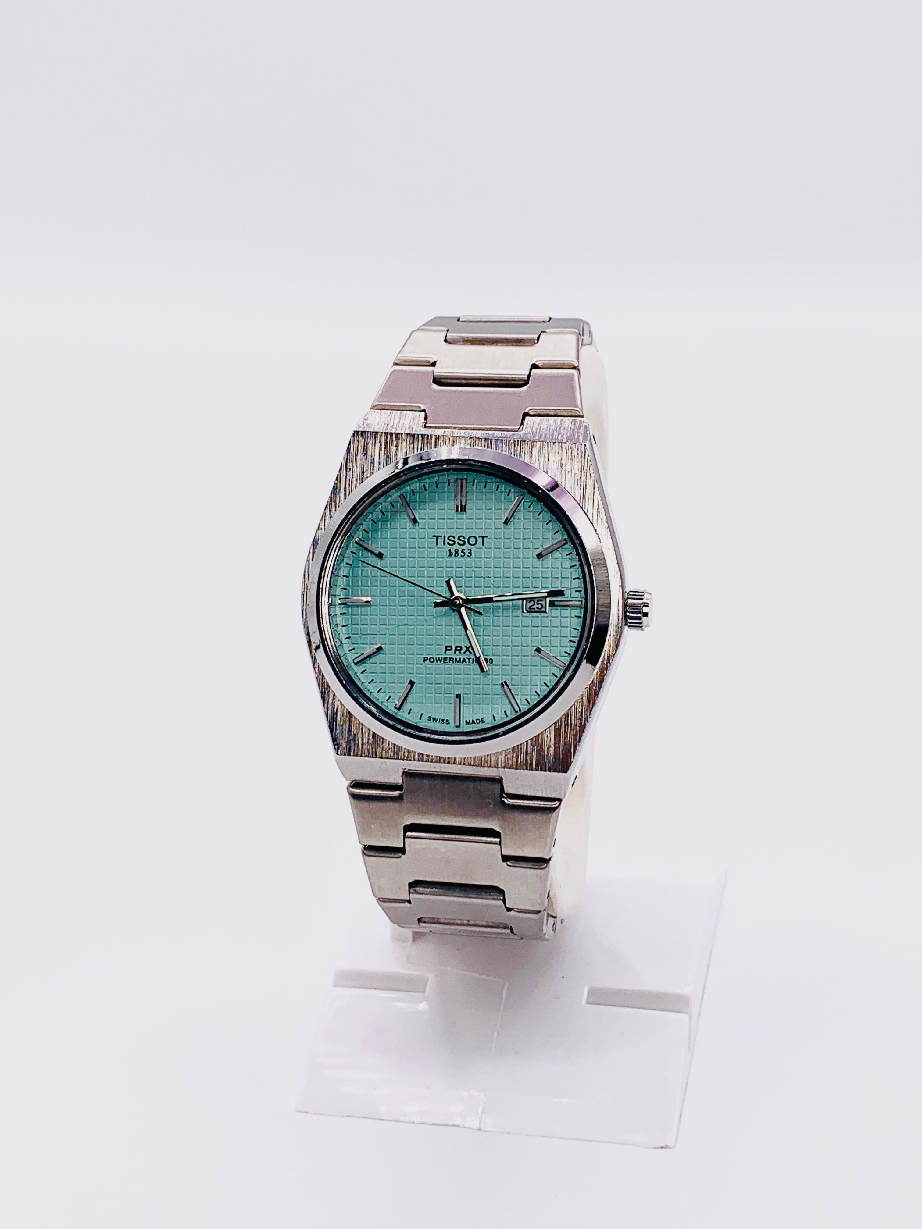 Men's Silver Tone Integrated Sport Watch | Mint Green Dial | Tissot PRX Style Flushed Case | Steel Bracelet