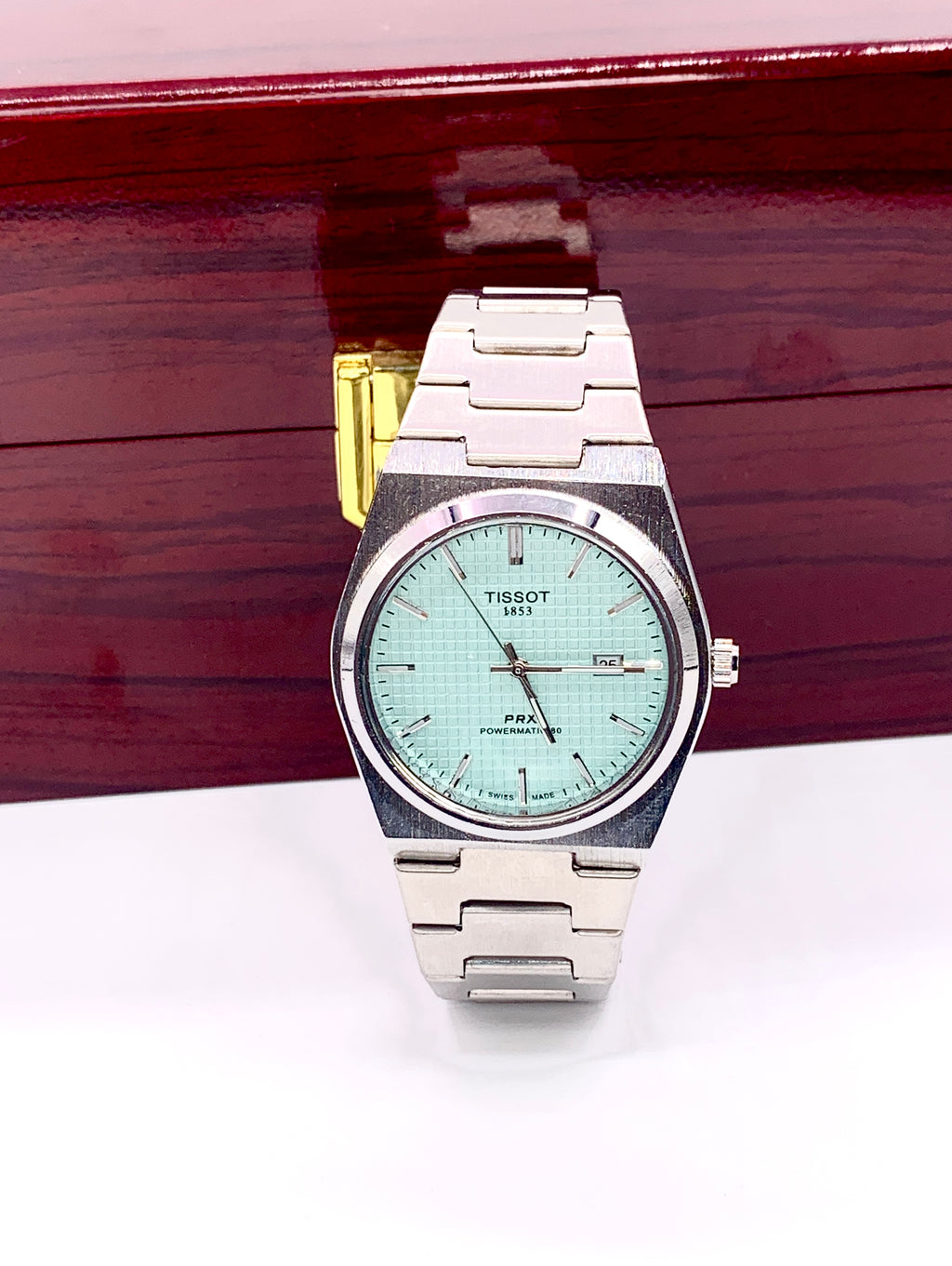 Men's Silver Tone Integrated Sport Watch | Mint Green Dial | Tissot PRX Style Flushed Case | Steel Bracelet