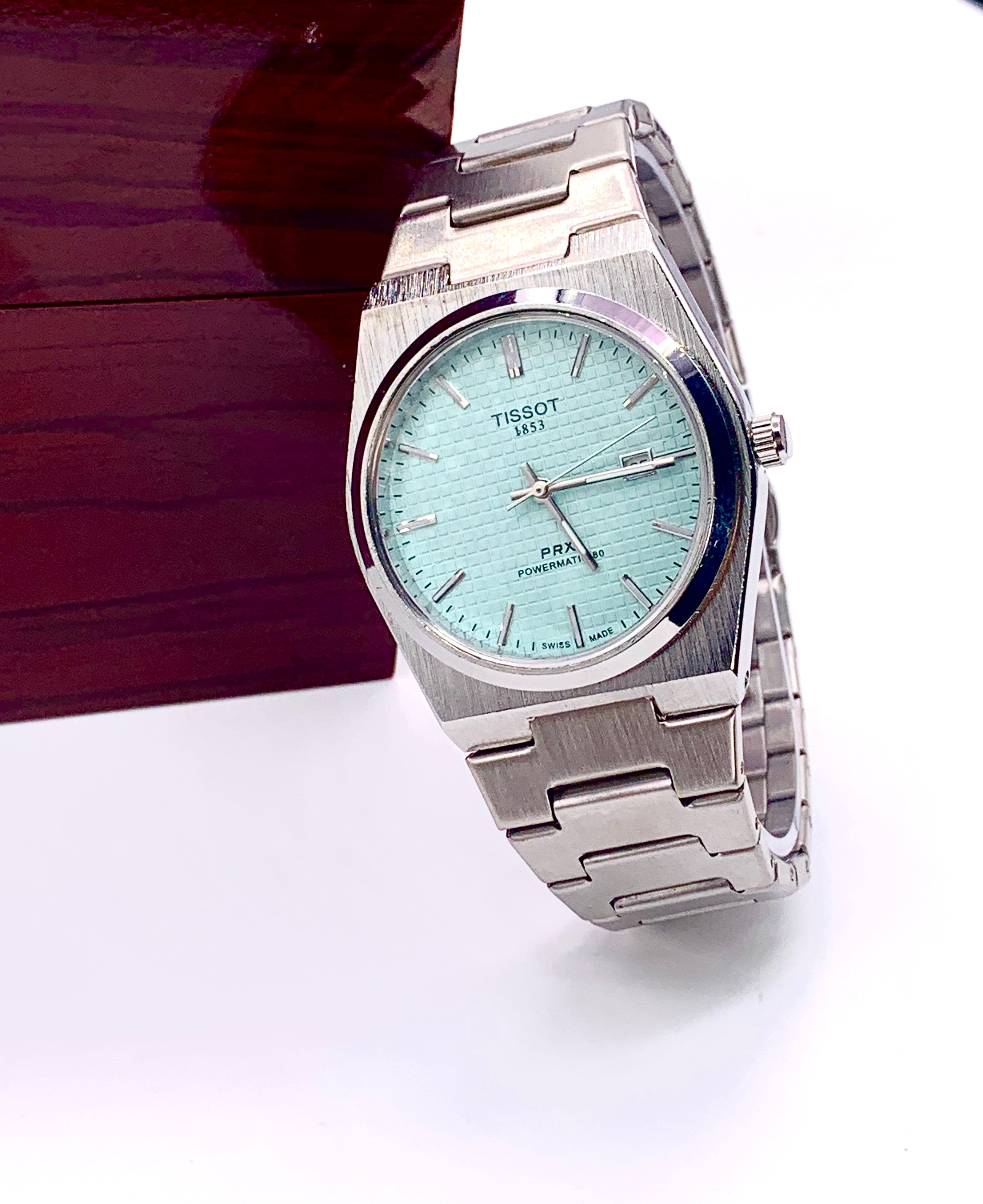 Men's Silver Tone Integrated Sport Watch | Mint Green Dial | Tissot PRX Style Flushed Case | Steel Bracelet