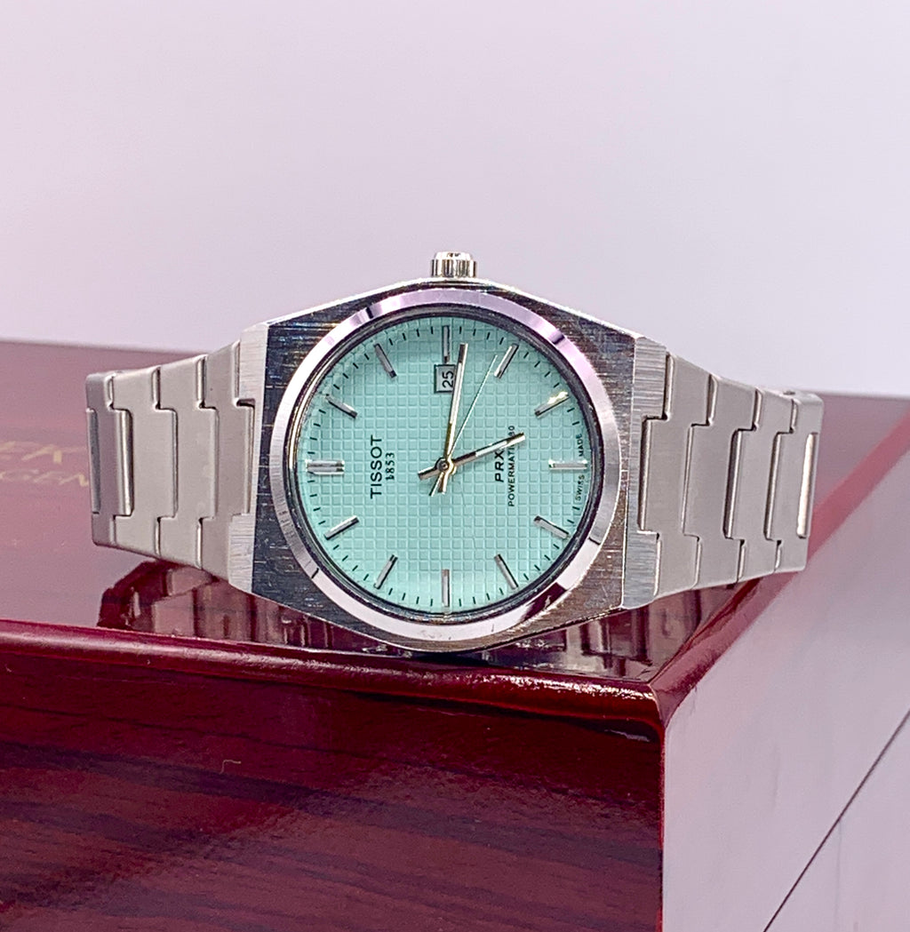 Men's Silver Tone Integrated Sport Watch | Mint Green Dial | Tissot PRX Style Flushed Case | Steel Bracelet