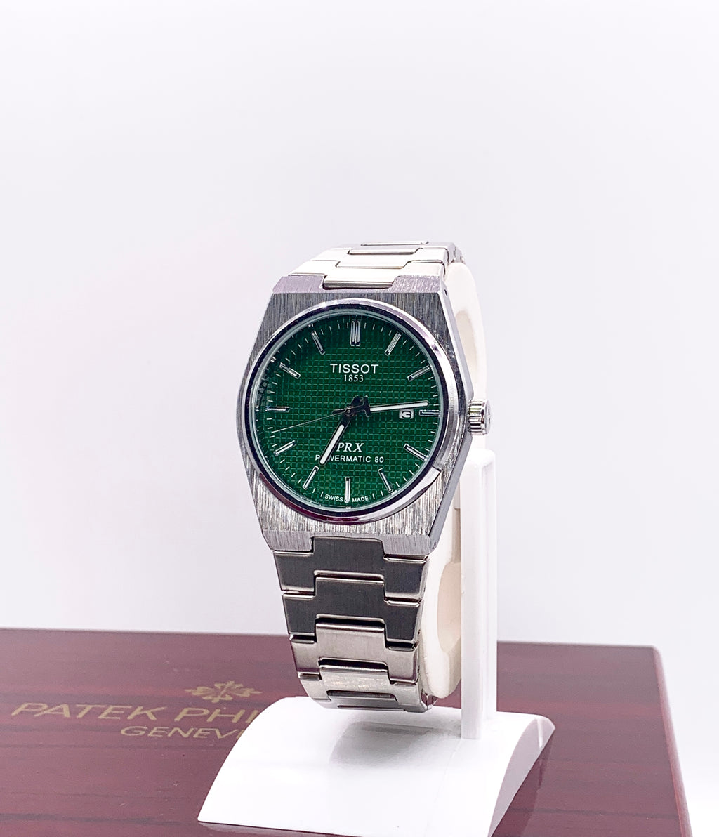 Men's Silver Tone Integrated Sport Watch | Dark Green Waffle Dial | Tissot PRX Style Flushed Case | Steel Bracelet