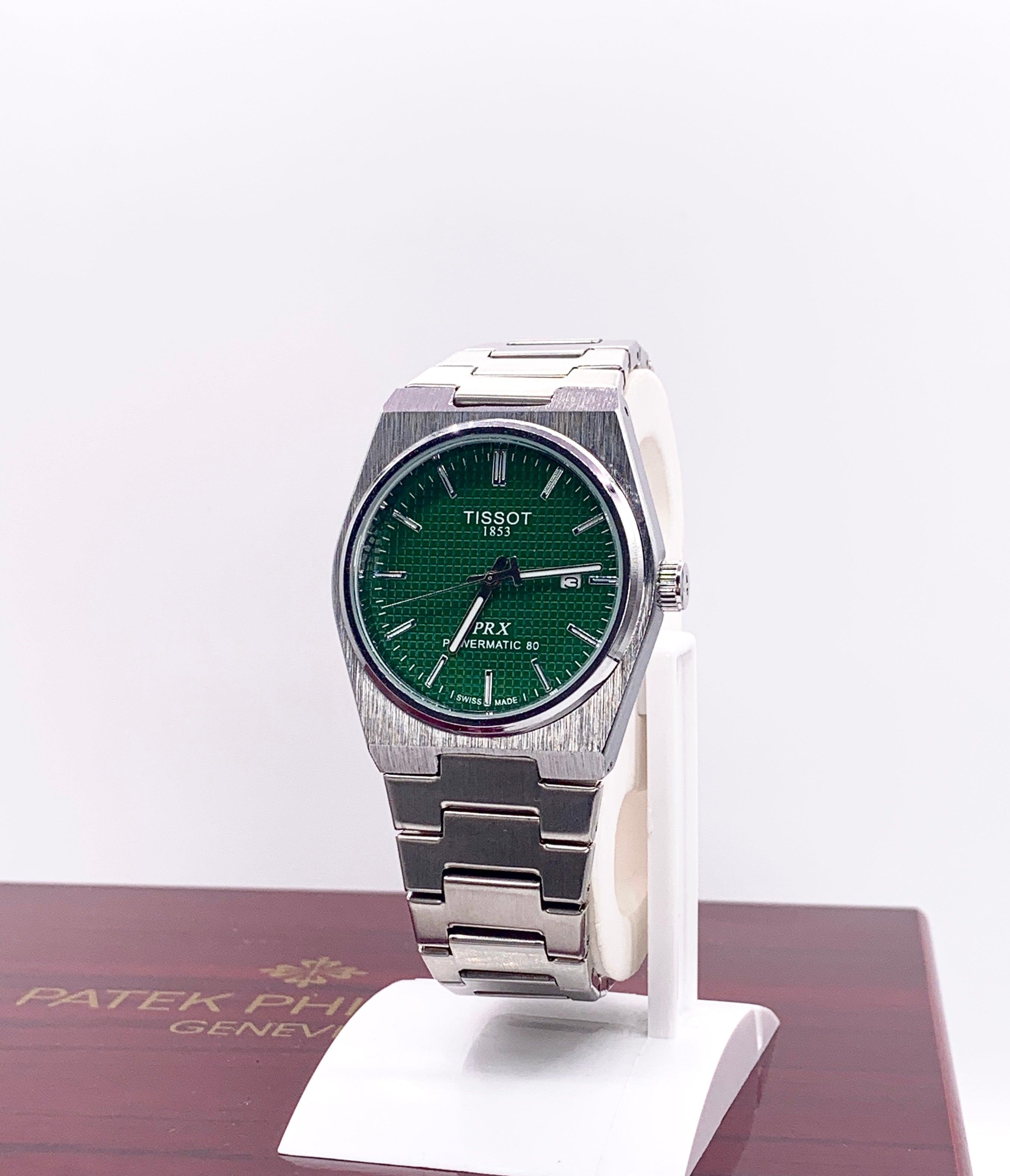 Men's Silver Tone Integrated Sport Watch | Dark Green Waffle Dial | Tissot PRX Style Flushed Case | Steel Bracelet