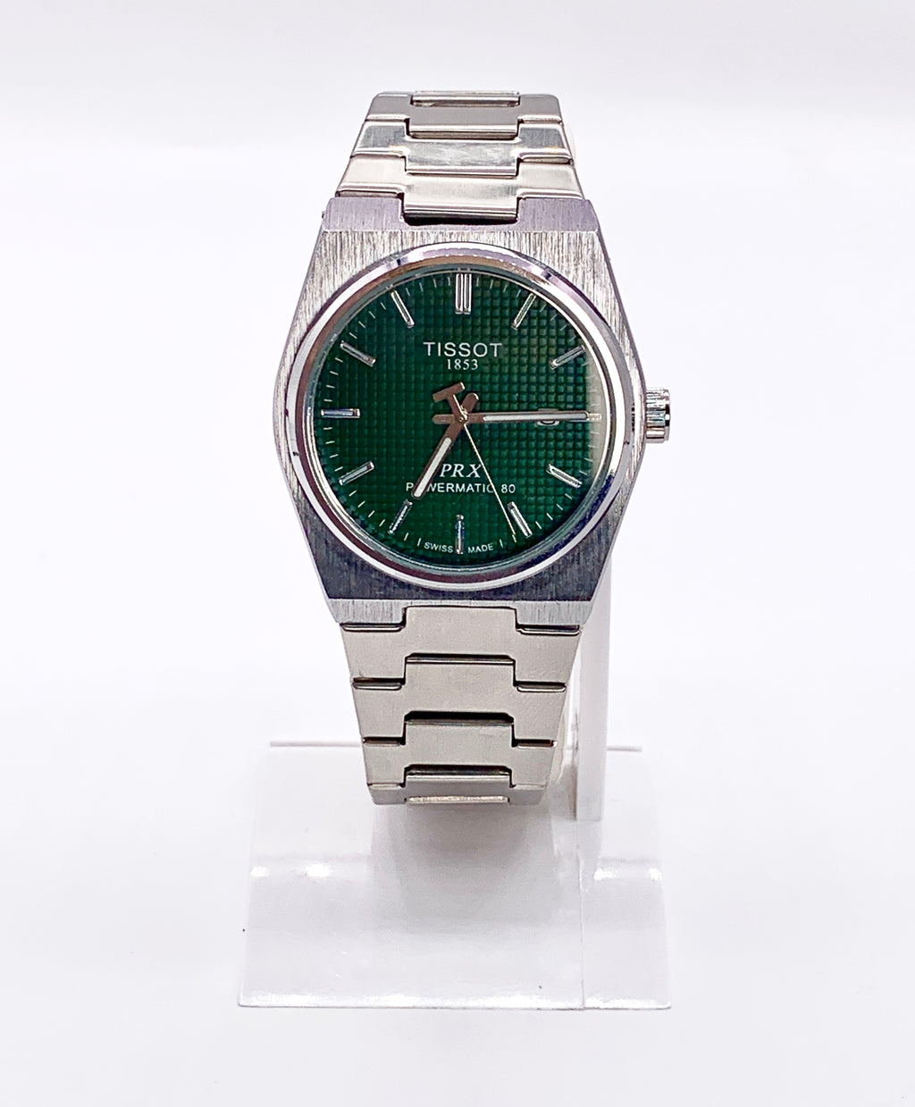 Men's Silver Tone Integrated Sport Watch | Dark Green Waffle Dial | Tissot PRX Style Flushed Case | Steel Bracelet