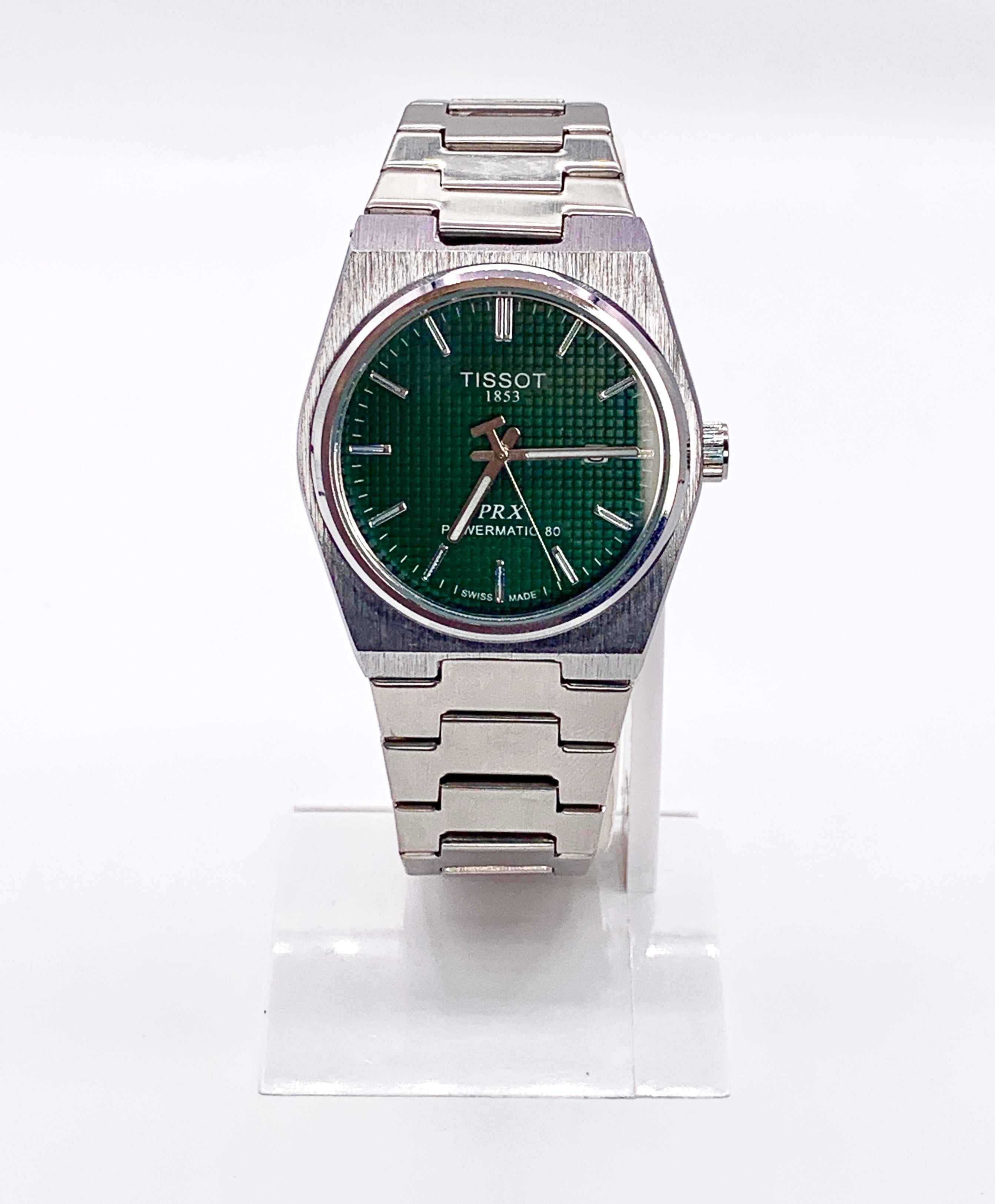 Men's Silver Tone Integrated Sport Watch | Dark Green Waffle Dial | Tissot PRX Style Flushed Case | Steel Bracelet