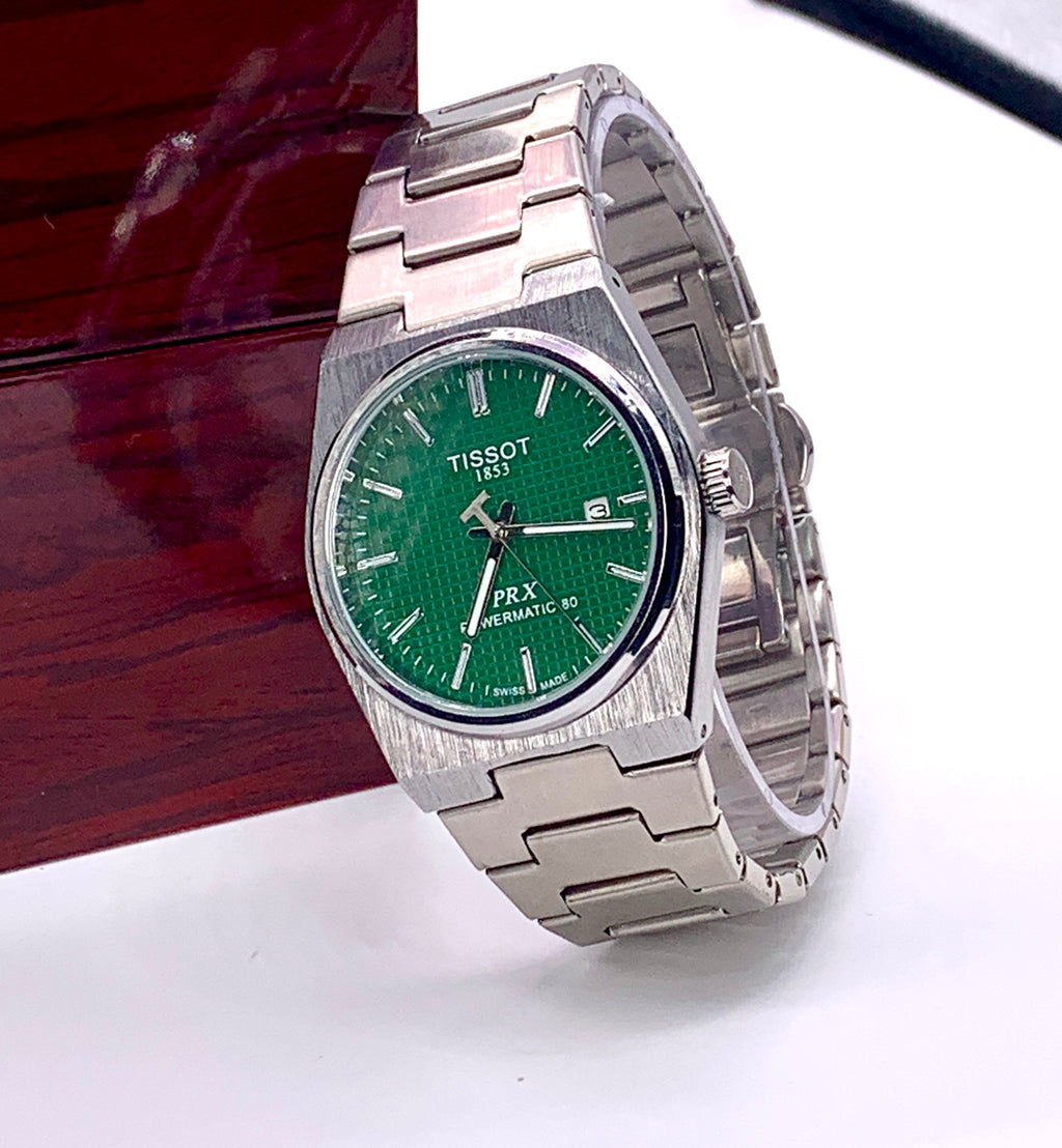 Men's Silver Tone Integrated Sport Watch | Dark Green Waffle Dial | Tissot PRX Style Flushed Case | Steel Bracelet