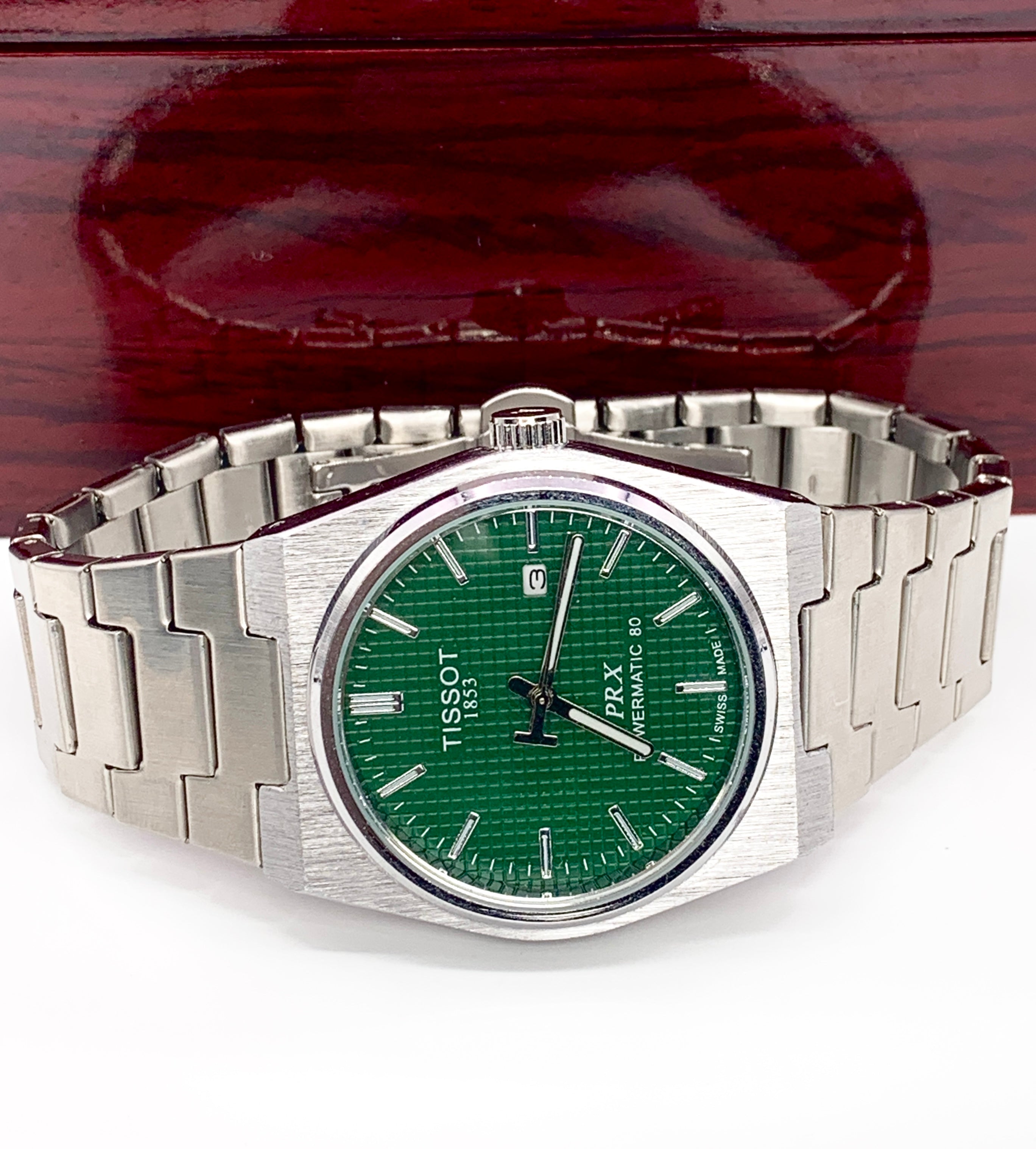 Men's Silver Tone Integrated Sport Watch | Dark Green Waffle Dial | Tissot PRX Style Flushed Case | Steel Bracelet