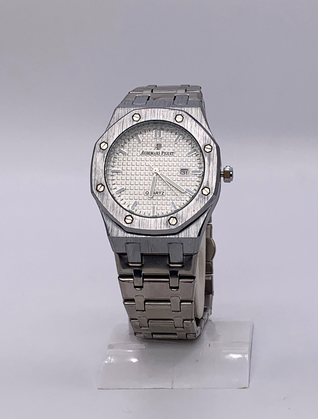Men's Gunmetal Octagonal Watch | White Tapisserie Dial | AP Royal Oak Style | Integrated Steel Bracelet