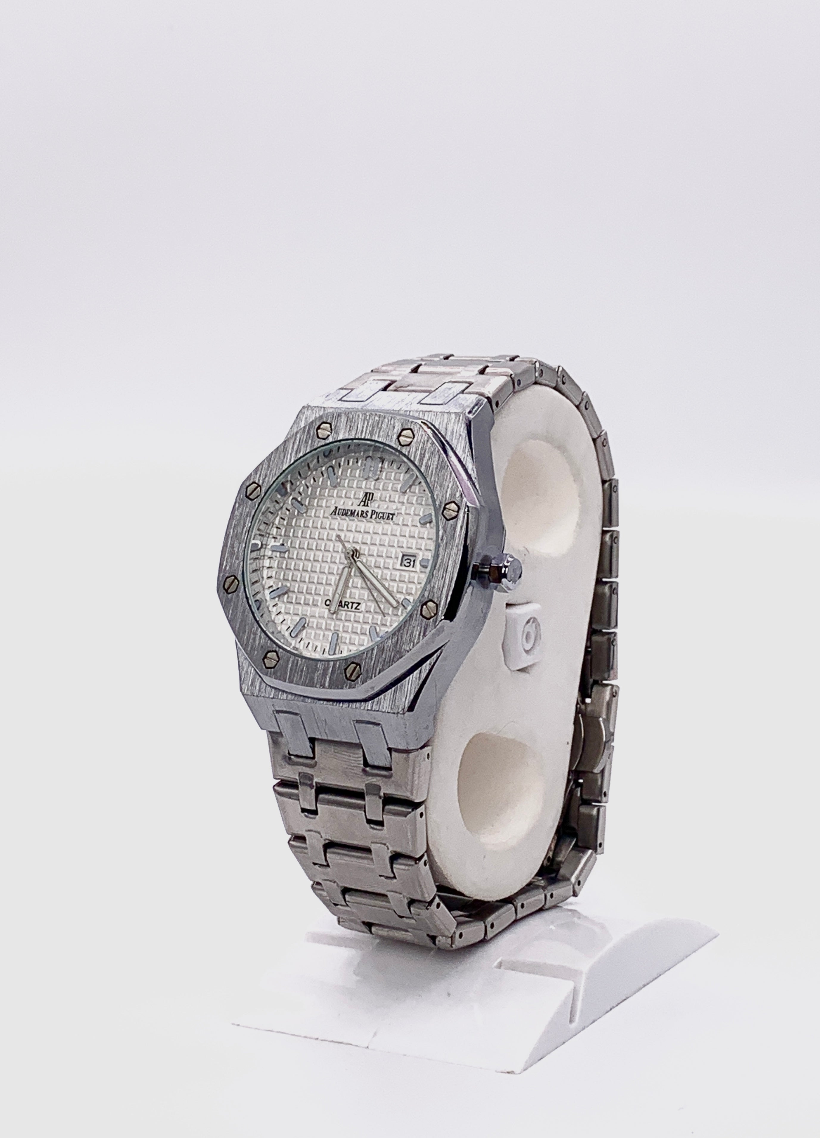 Men's Gunmetal Octagonal Watch | White Tapisserie Dial | AP Royal Oak Style | Integrated Steel Bracelet