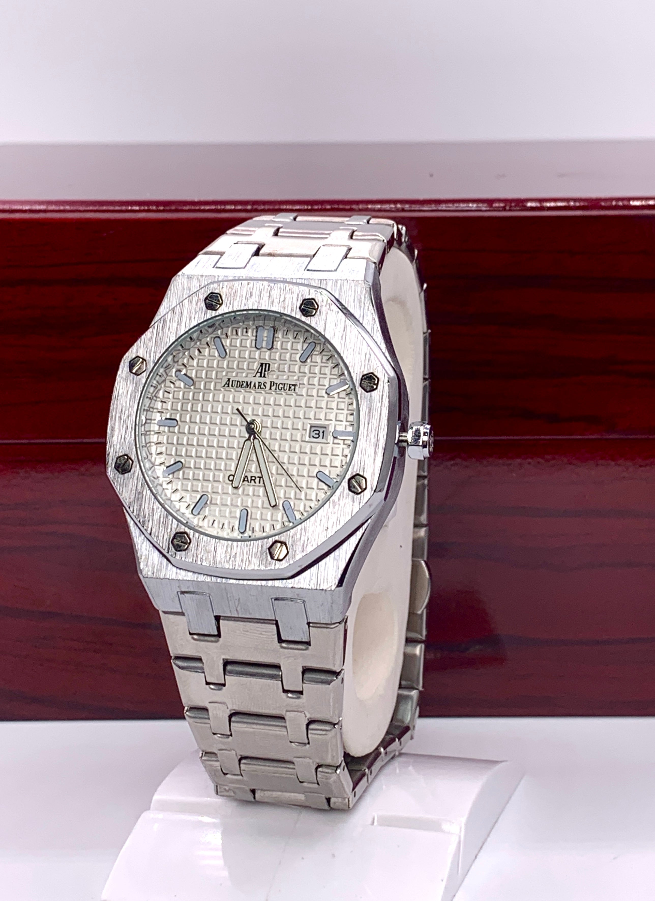 Men's Gunmetal Octagonal Watch | White Tapisserie Dial | AP Royal Oak Style | Integrated Steel Bracelet