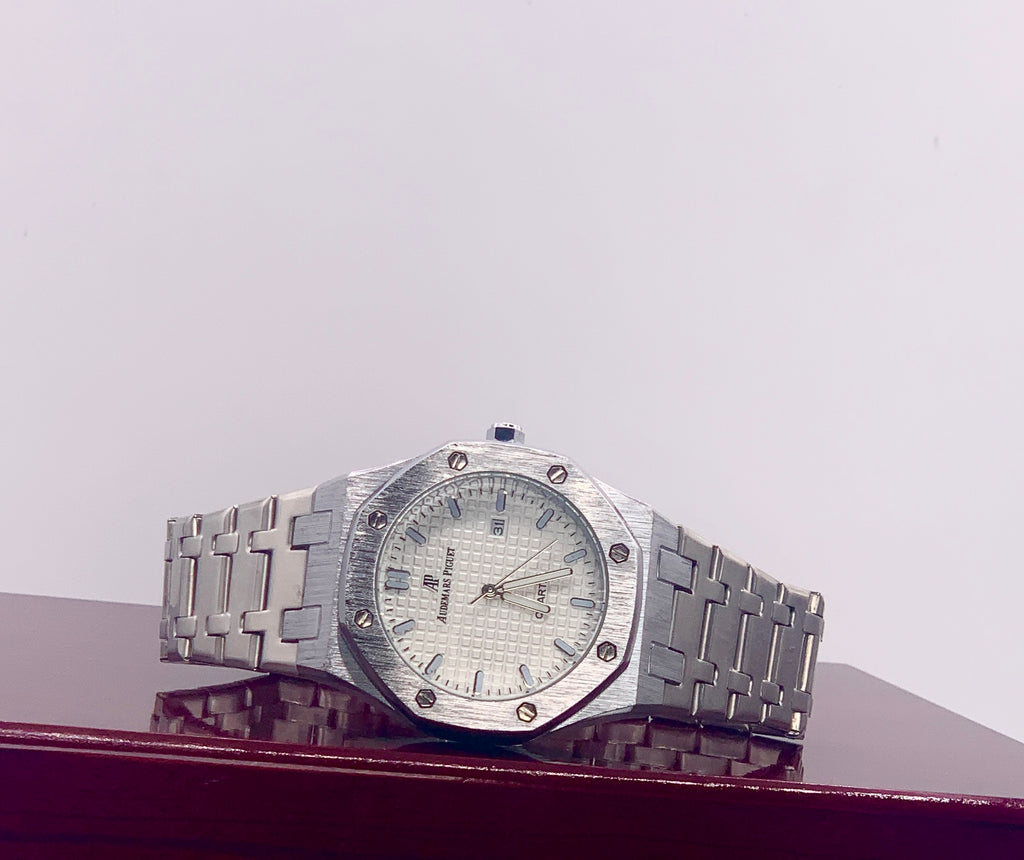 Men's Gunmetal Octagonal Watch | White Tapisserie Dial | AP Royal Oak Style | Integrated Steel Bracelet