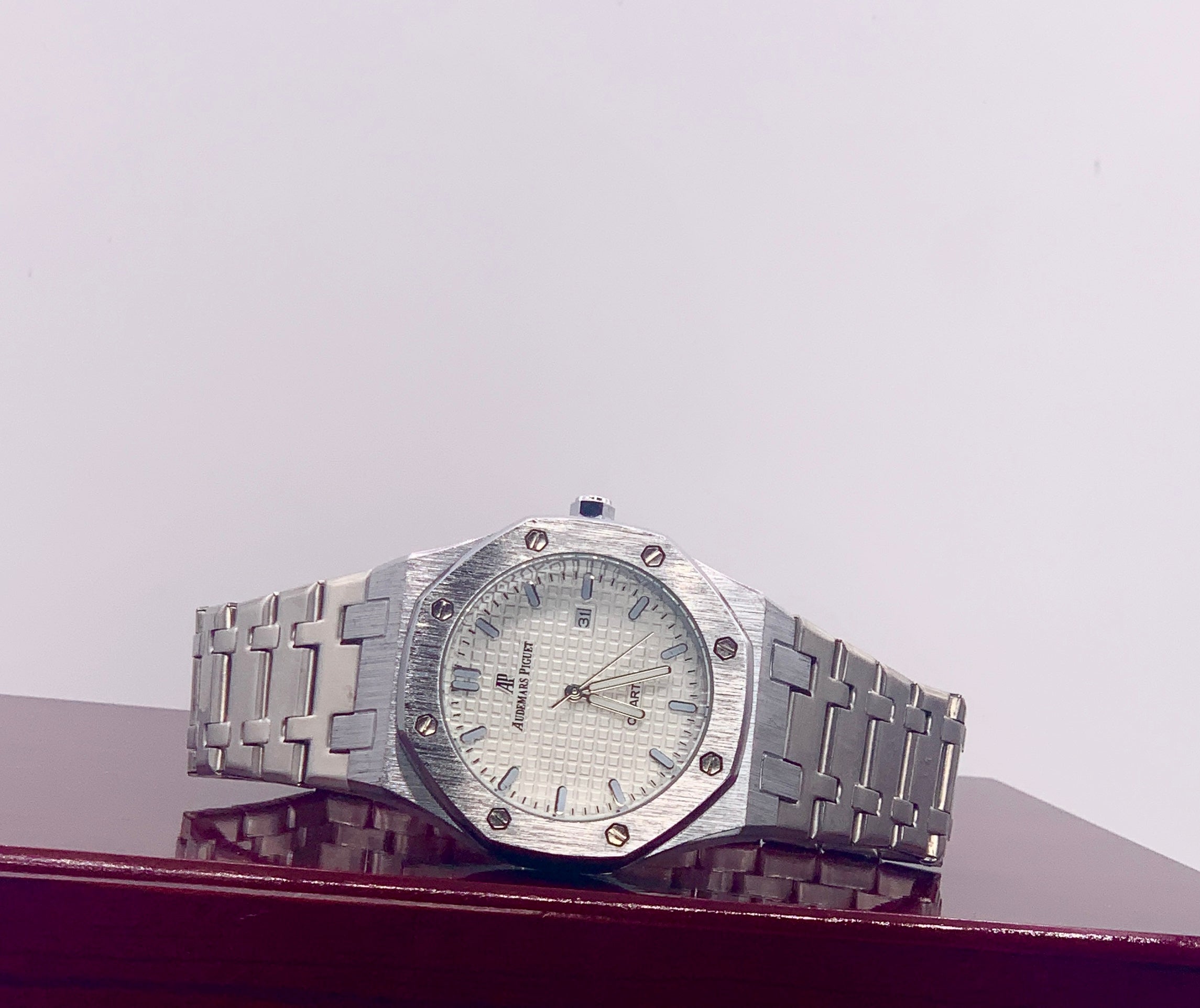 Men's Gunmetal Octagonal Watch | White Tapisserie Dial | AP Royal Oak Style | Integrated Steel Bracelet
