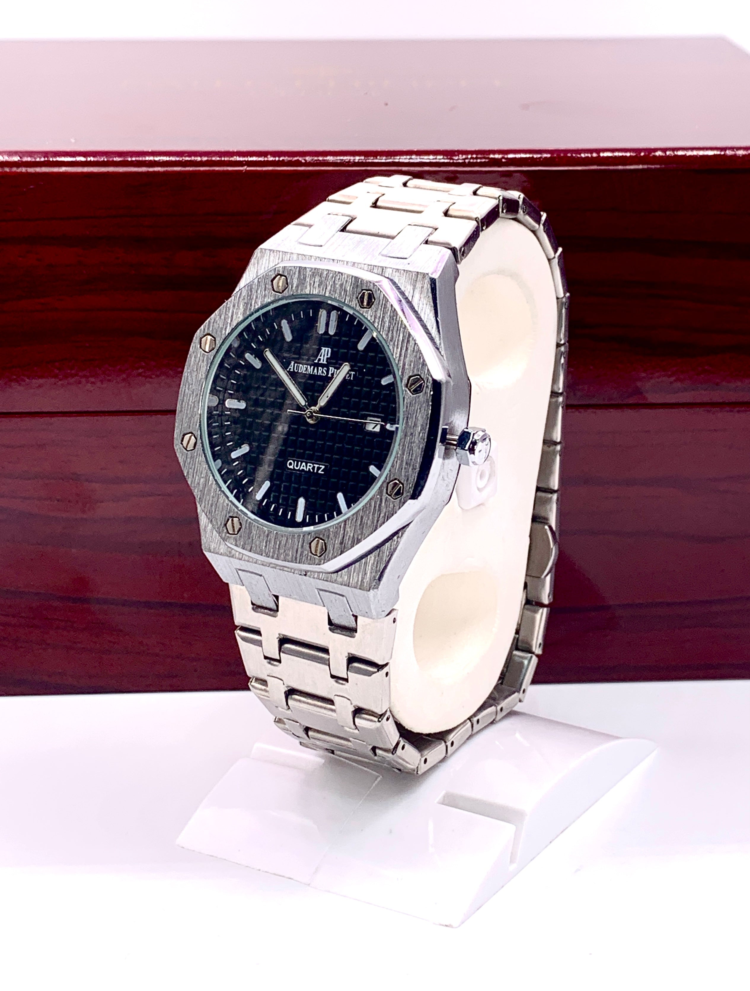 Men's Silver Tone Octagonal Watch | Black Tapisserie Dial | AP Royal Oak Style | Steel Integrated Bracelet
