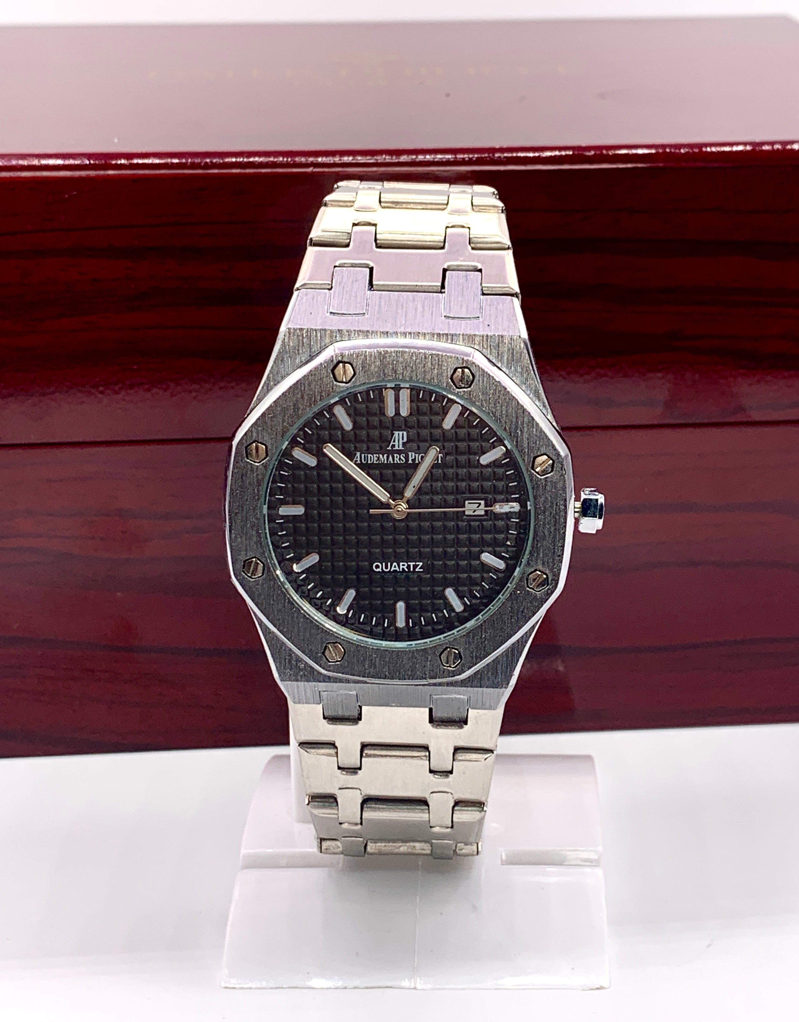 Men's Silver Tone Octagonal Watch | Black Tapisserie Dial | AP Royal Oak Style | Steel Integrated Bracelet