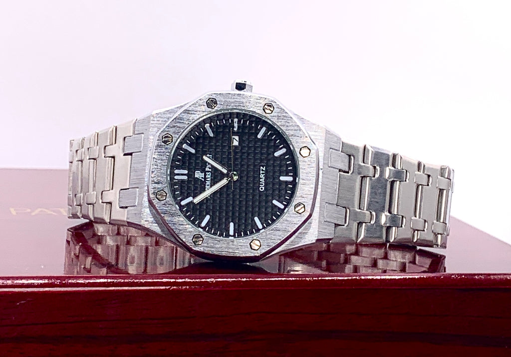 Men's Silver Tone Octagonal Watch | Black Tapisserie Dial | AP Royal Oak Style | Steel Integrated Bracelet