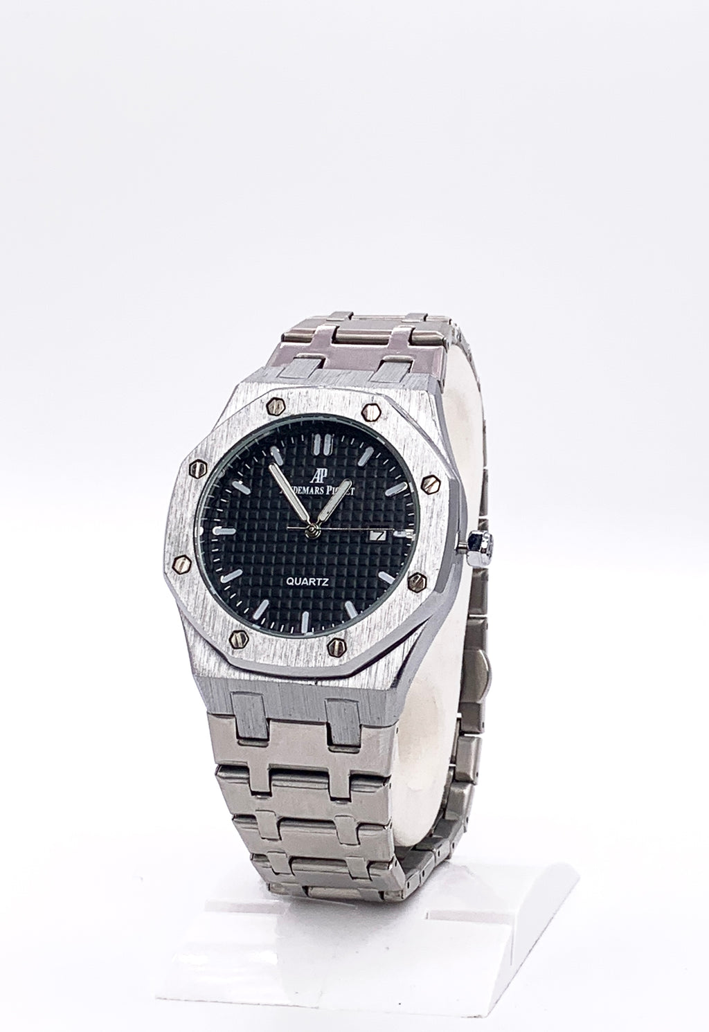 Men's Silver Tone Octagonal Watch | Black Tapisserie Dial | AP Royal Oak Style | Steel Integrated Bracelet