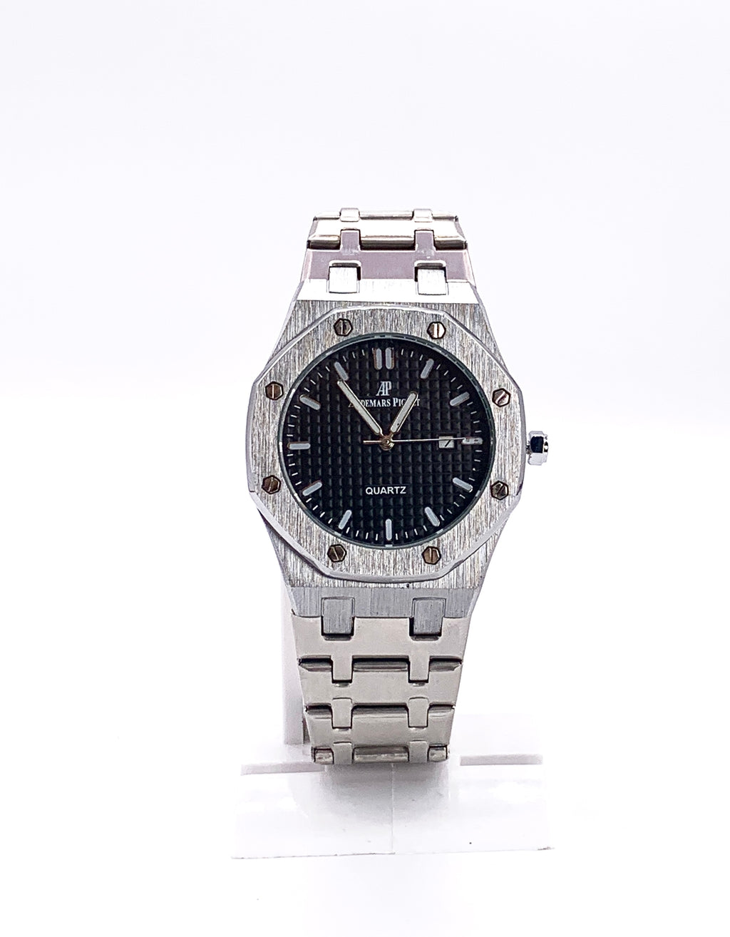 Men's Silver Tone Octagonal Watch | Black Tapisserie Dial | AP Royal Oak Style | Steel Integrated Bracelet