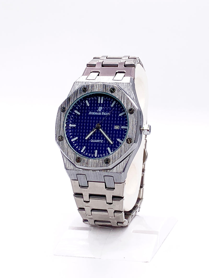 Men's Silver Tone Octagonal Watch | Blue Tapisserie Dial | AP Royal Oak Style | Steel Integrated Bracelet