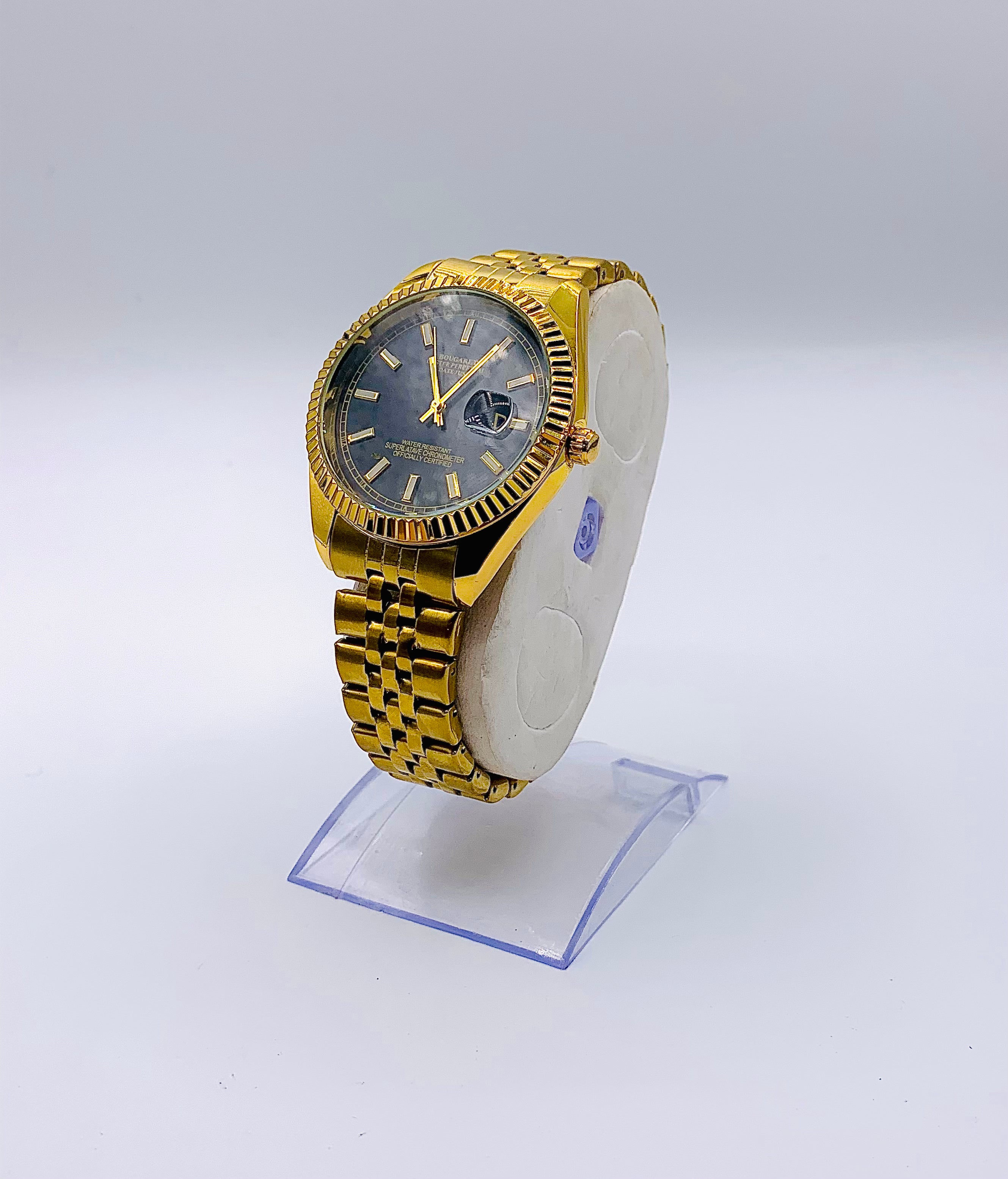 Men's Classic Gold-Tone Watch with Gloss Black Dial | Fluted Bezel & Jubilee Bracelet | Date Window | Elegant Dress Timepiece