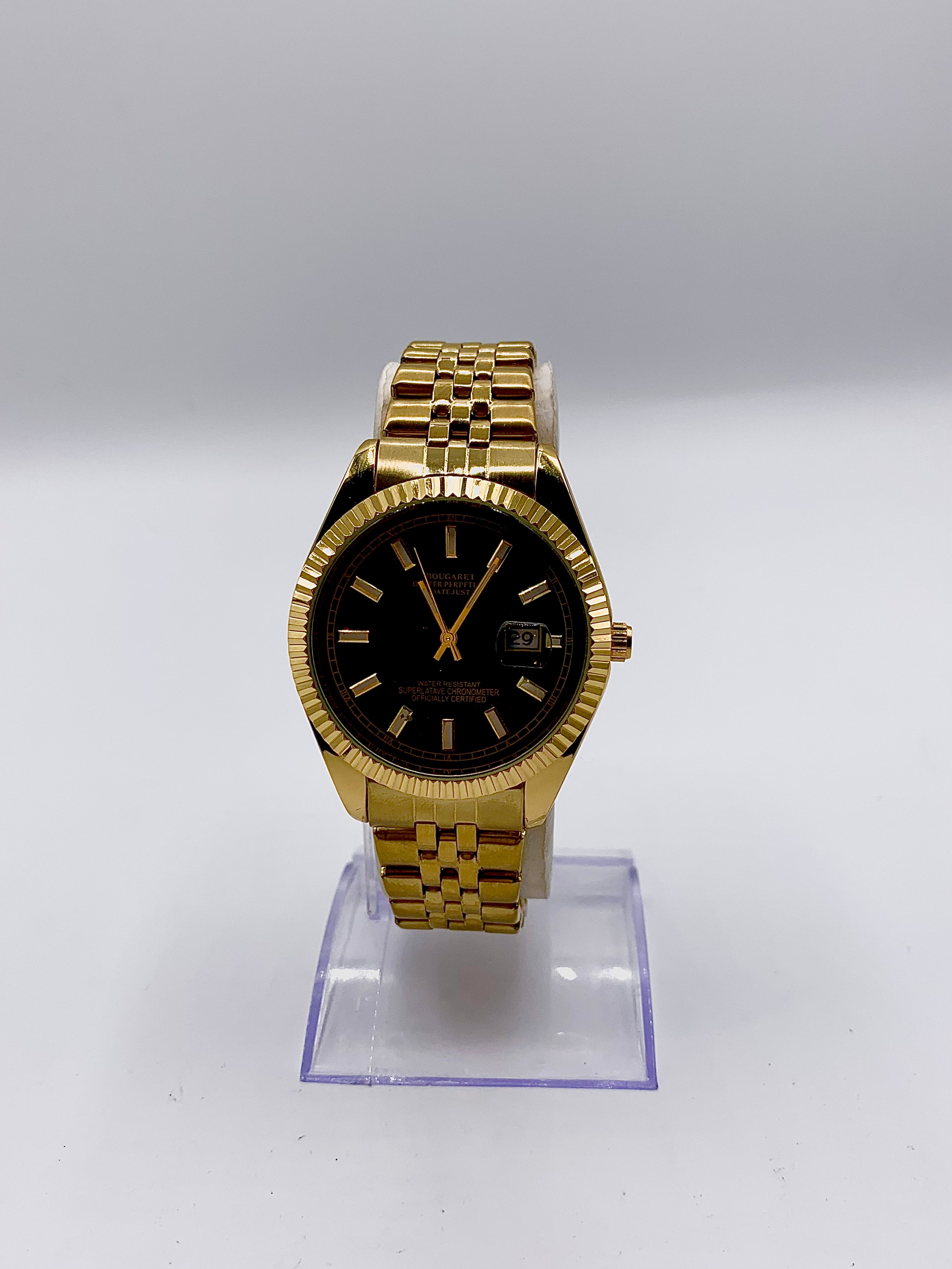 Men's Classic Gold-Tone Watch with Gloss Black Dial | Fluted Bezel & Jubilee Bracelet | Date Window | Elegant Dress Timepiece