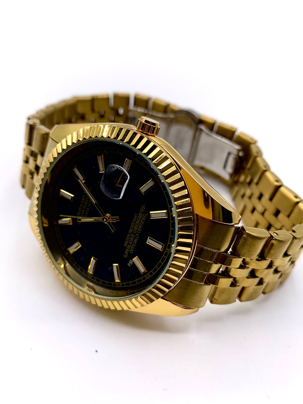 Men's Classic Gold-Tone Watch with Gloss Black Dial | Fluted Bezel & Jubilee Bracelet | Date Window | Elegant Dress Timepiece