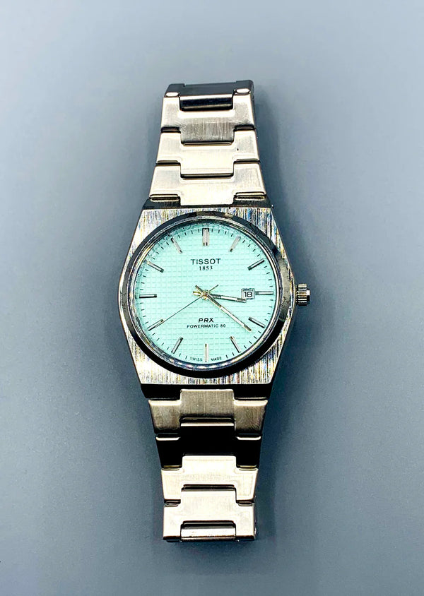 Men's Silver Tone Integrated Sport Watch | Mint Green Dial | Tissot PRX Style Flushed Case | Steel Bracelet