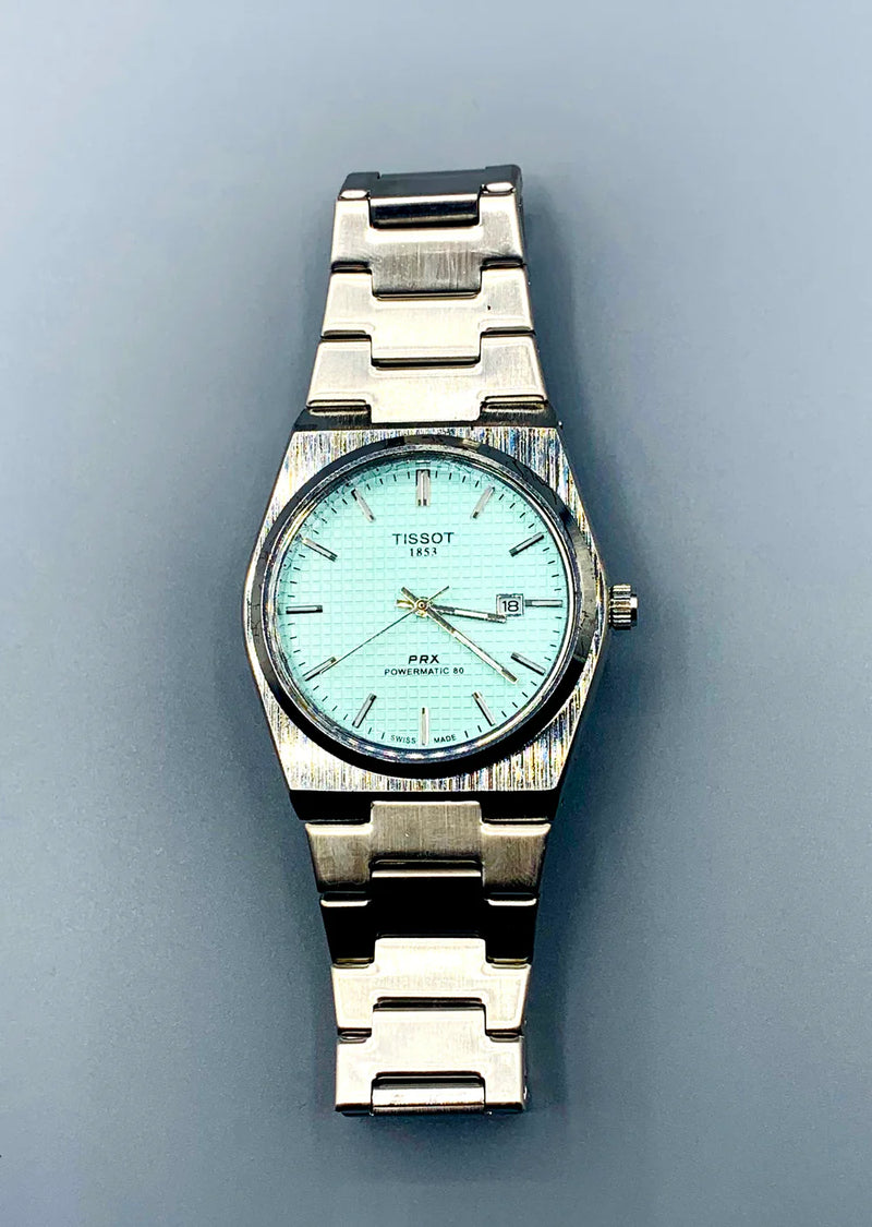 Men's Silver Tone Integrated Sport Watch | Mint Green Dial | Tissot PRX Style Flushed Case | Steel Bracelet