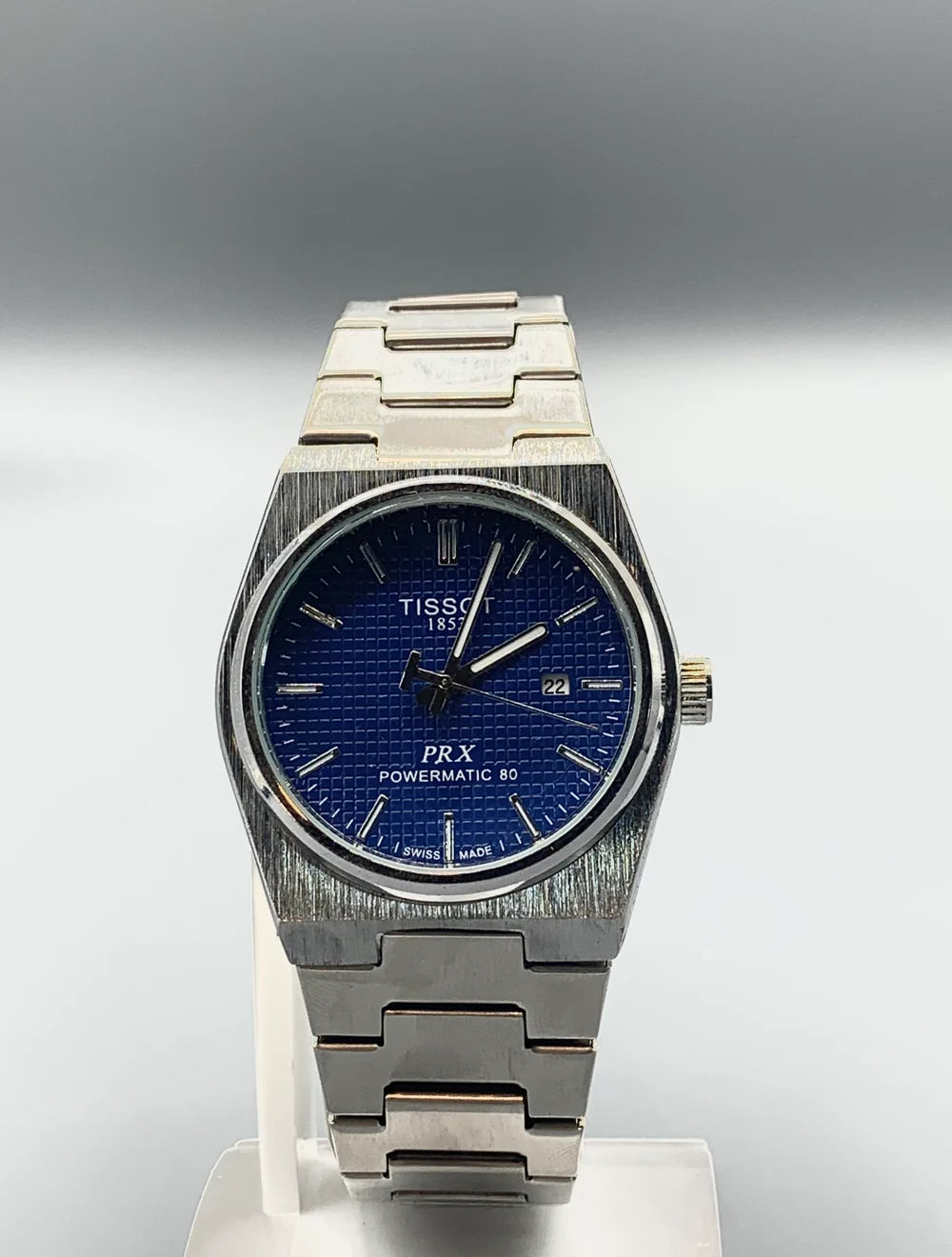 Men's Silver Tone Integrated Sport Watch | Deep Blue Waffle Dial | Tissot PRX Style Flushed Case | Steel Bracelet