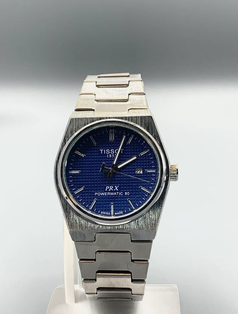 Men's Silver Tone Integrated Sport Watch | Deep Blue Waffle Dial | Tissot PRX Style Flushed Case | Steel Bracelet