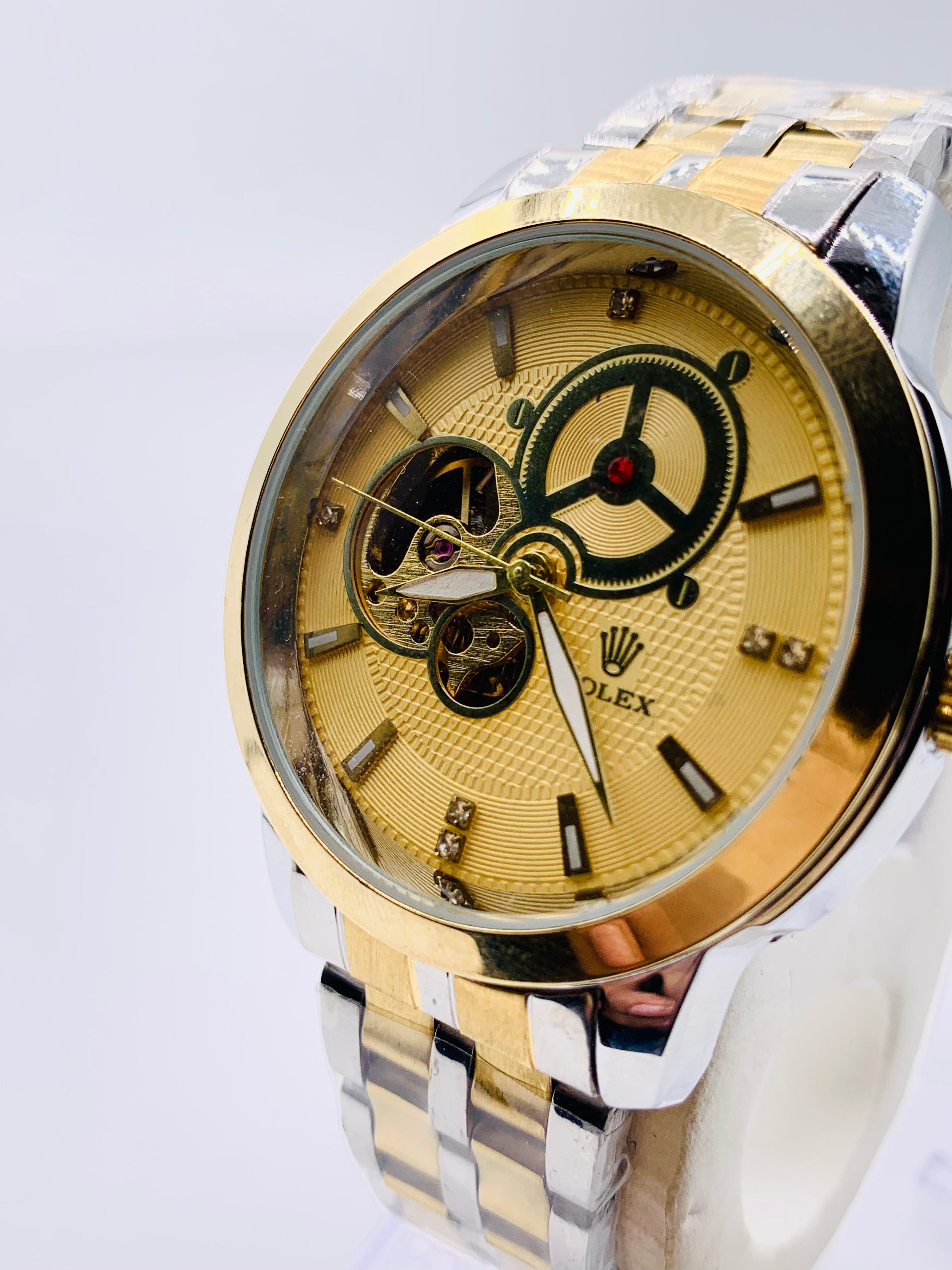 Men's Oversized Chronograph Watch | Gold-Tone Case & Black Bezel | Textured Black Dial | Two-Tone Metal Bracelet | Sport Luxury Timepiece