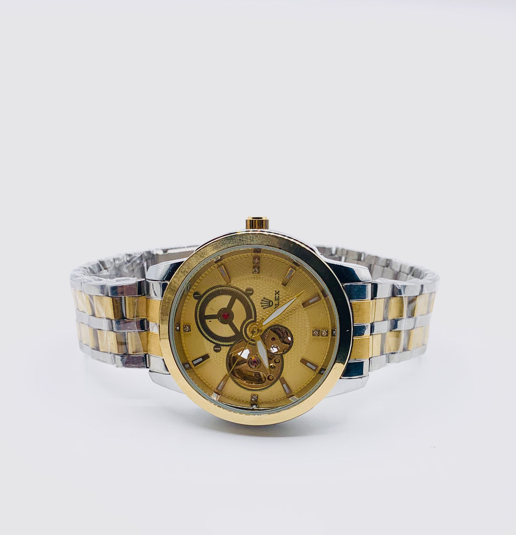 Men's Oversized Chronograph Watch | Gold-Tone Case & Black Bezel | Textured Black Dial | Two-Tone Metal Bracelet | Sport Luxury Timepiece