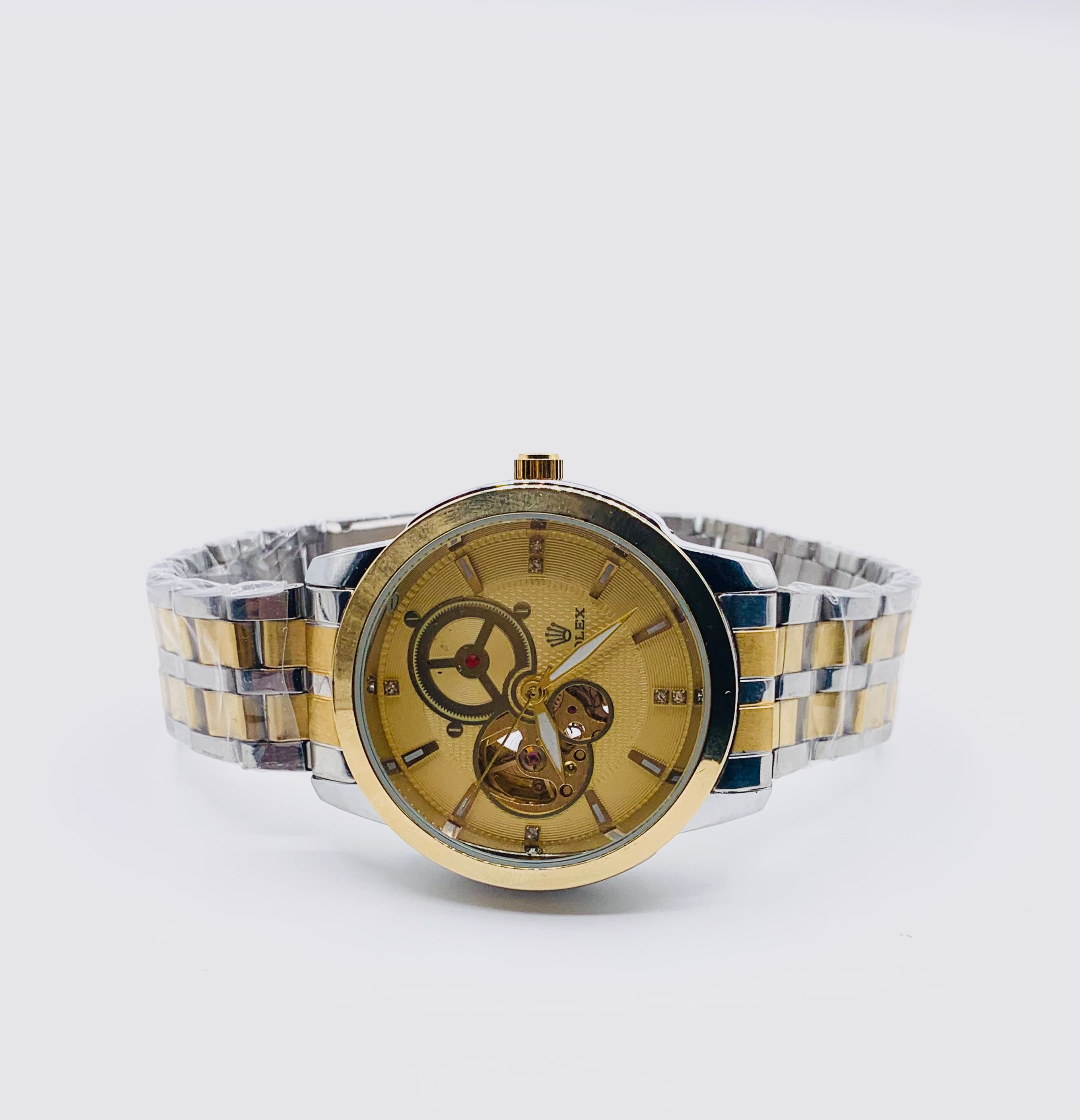 Men's Oversized Chronograph Watch | Gold-Tone Case & Black Bezel | Textured Black Dial | Two-Tone Metal Bracelet | Sport Luxury Timepiece