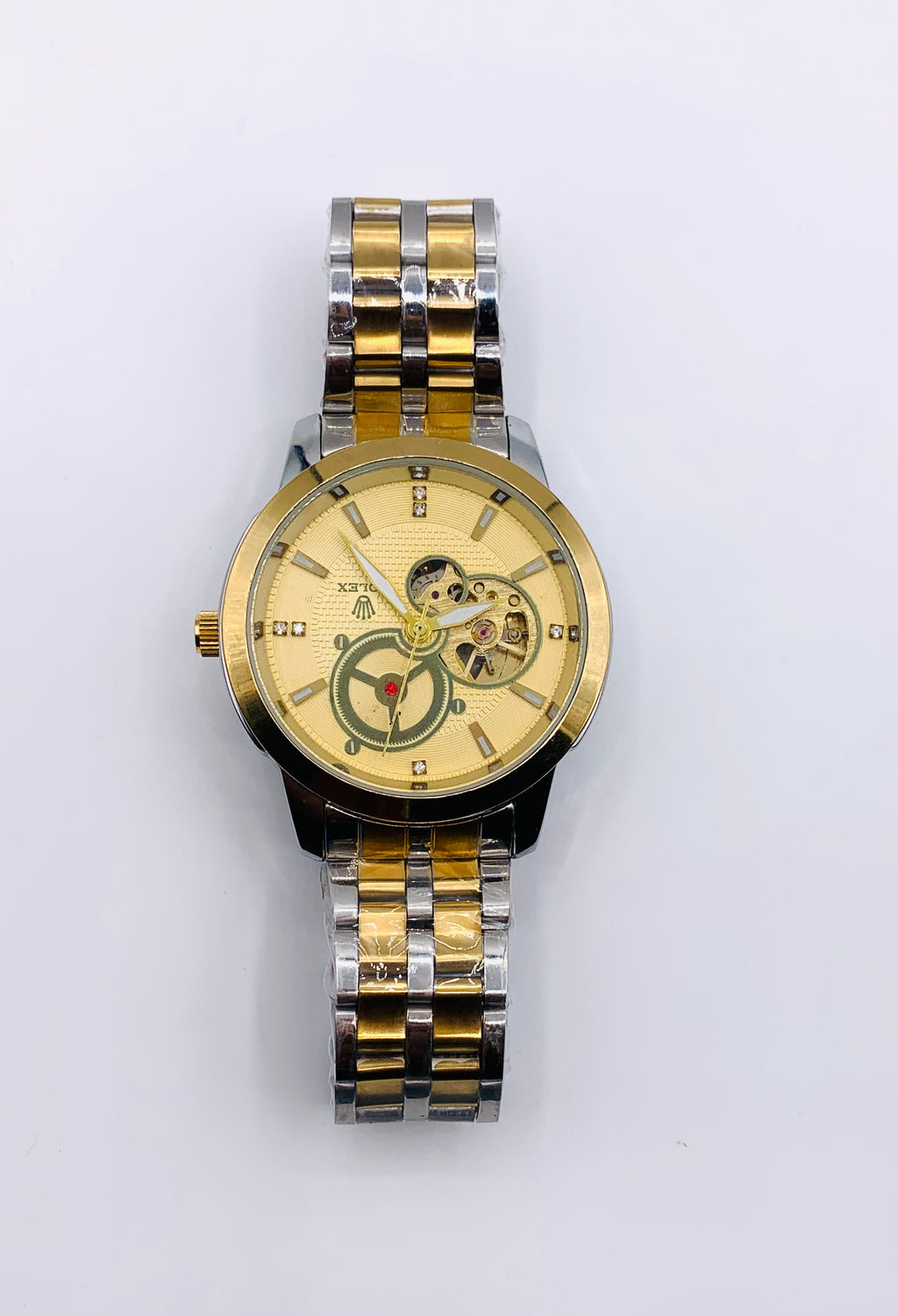 Men's Oversized Chronograph Watch | Gold-Tone Case & Black Bezel | Textured Black Dial | Two-Tone Metal Bracelet | Sport Luxury Timepiece