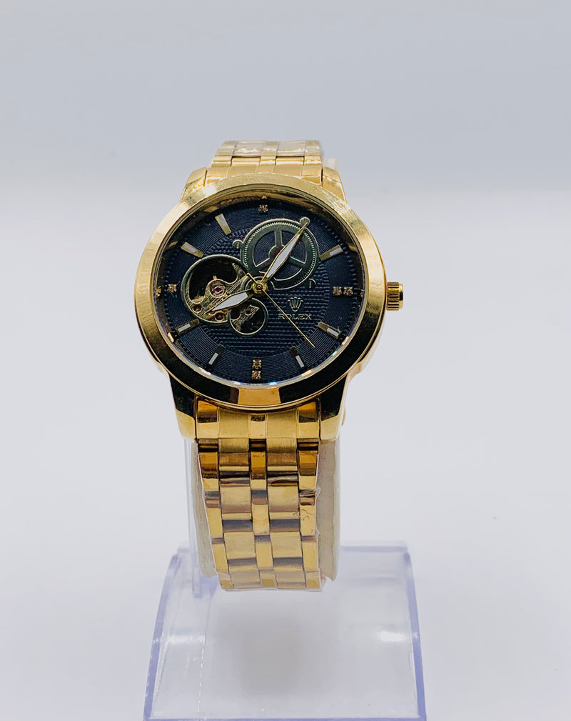 Luxury Gold Tone Automatic Watch for Men | Black Open Heart Dial | Diamond Marker Accents | Classic Gold Link Bracelet
